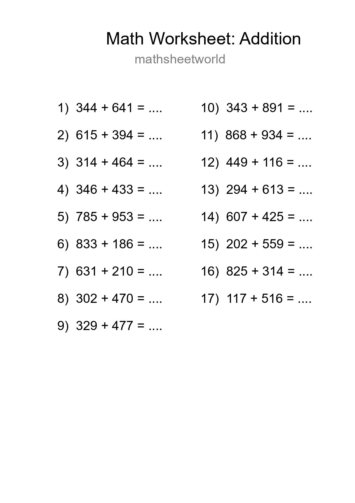 Grade 5 Addition Practice Worksheet (17 Problems) - Part 254