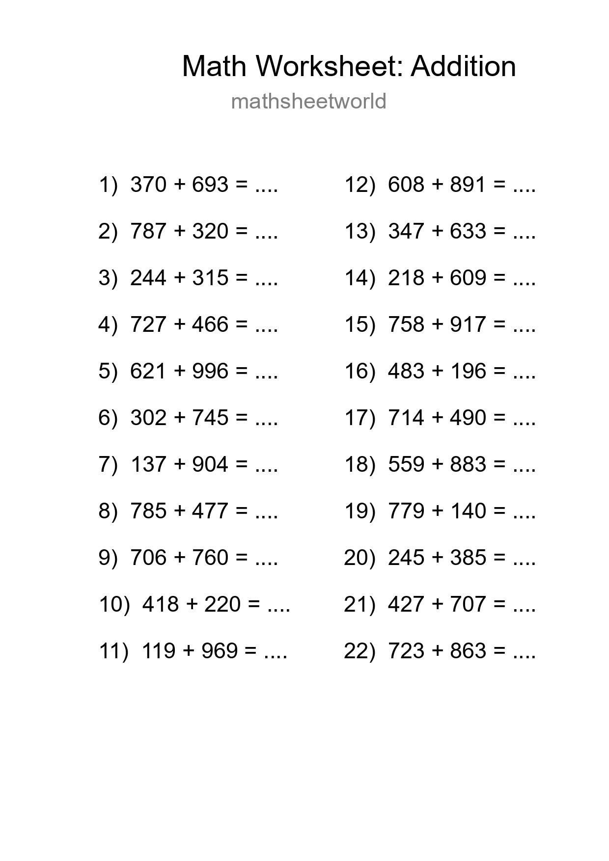 Grade 5 Addition Practice Worksheet (22 Problems) - Part 155