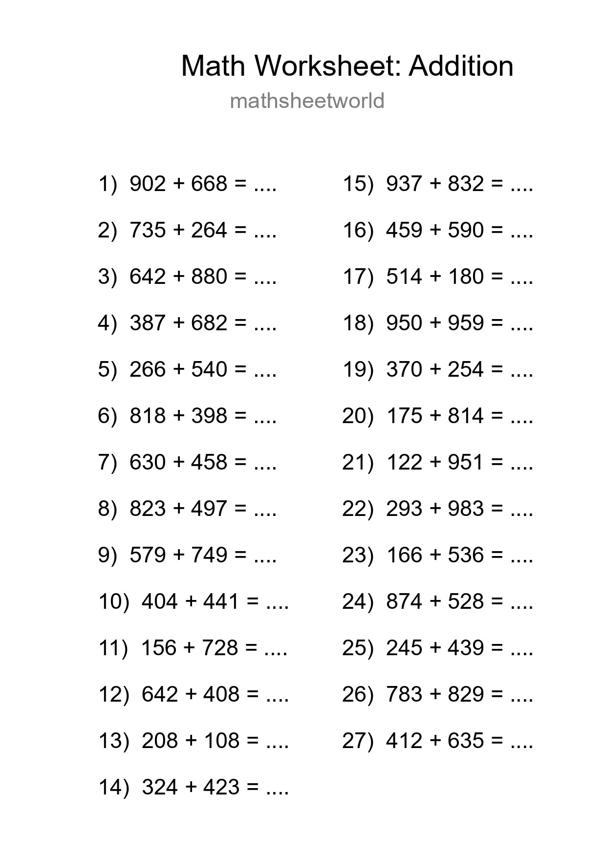 Grade 5 Addition Practice Worksheet (27 Problems) - Part 221