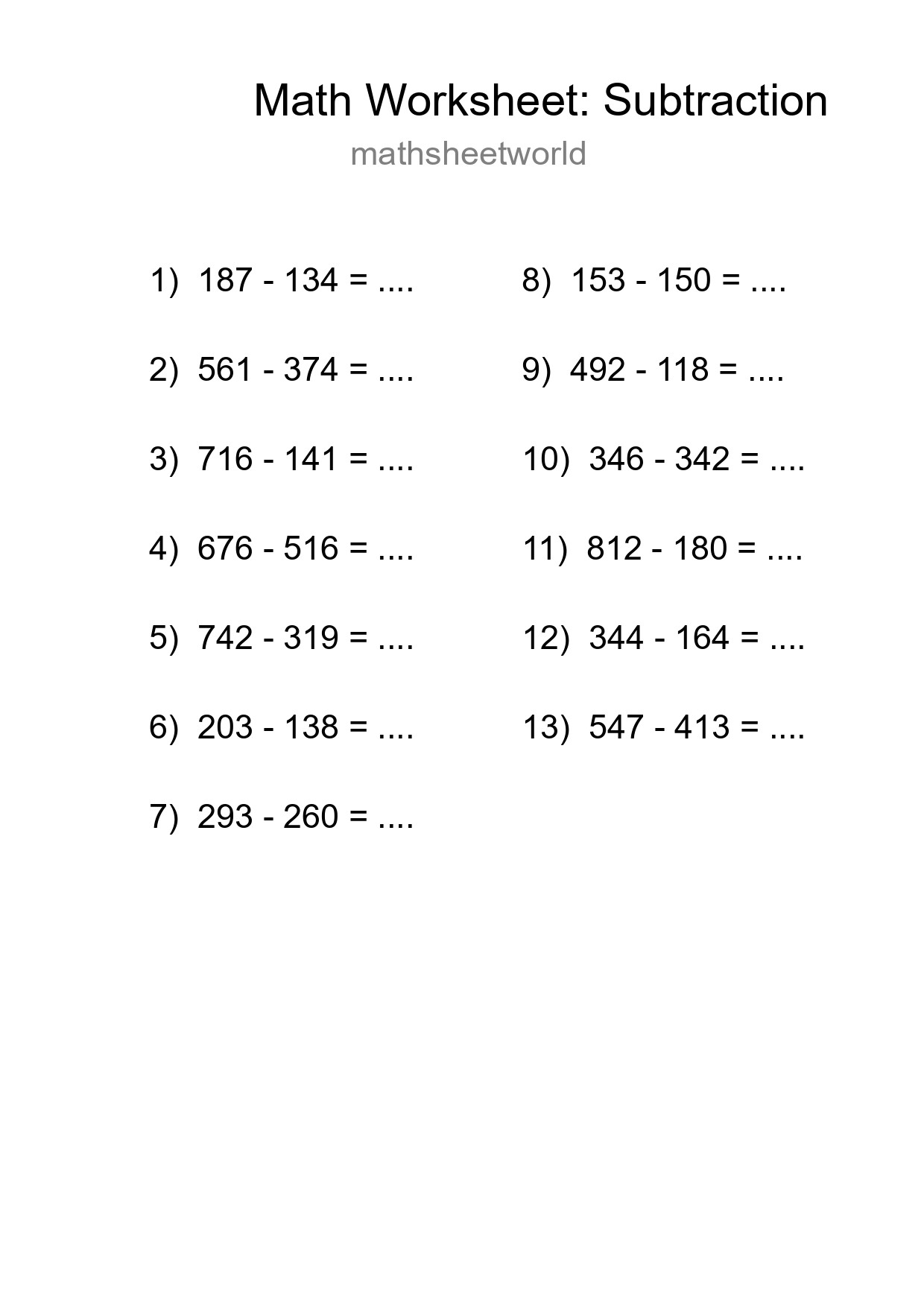 Grade 5 Subtraction Practice Worksheet (13 Problems) - Part 96