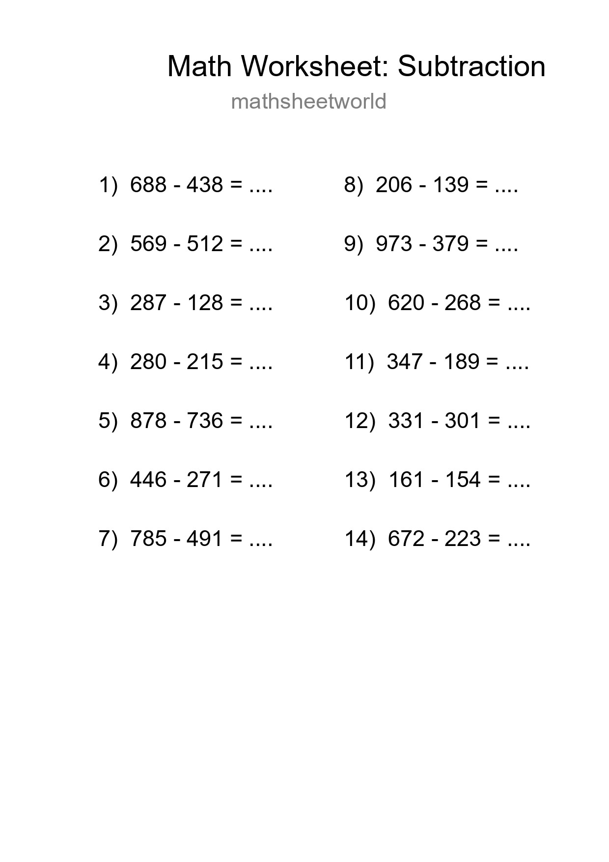 Grade 5 Subtraction Practice Worksheet (14 Problems) - Part 129