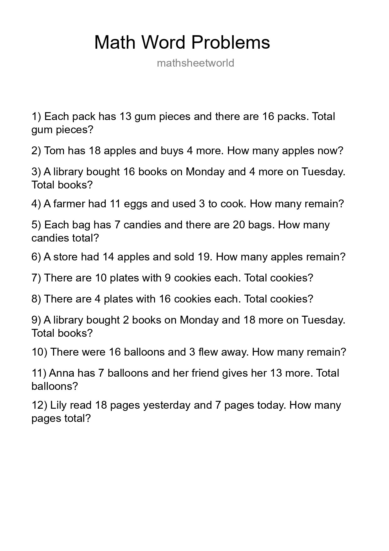 Math Word Problem Worksheet