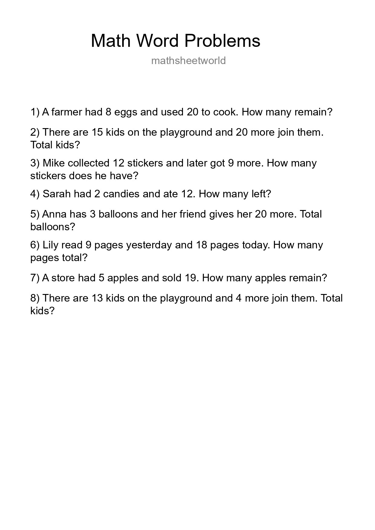 Math Word Problem Worksheet