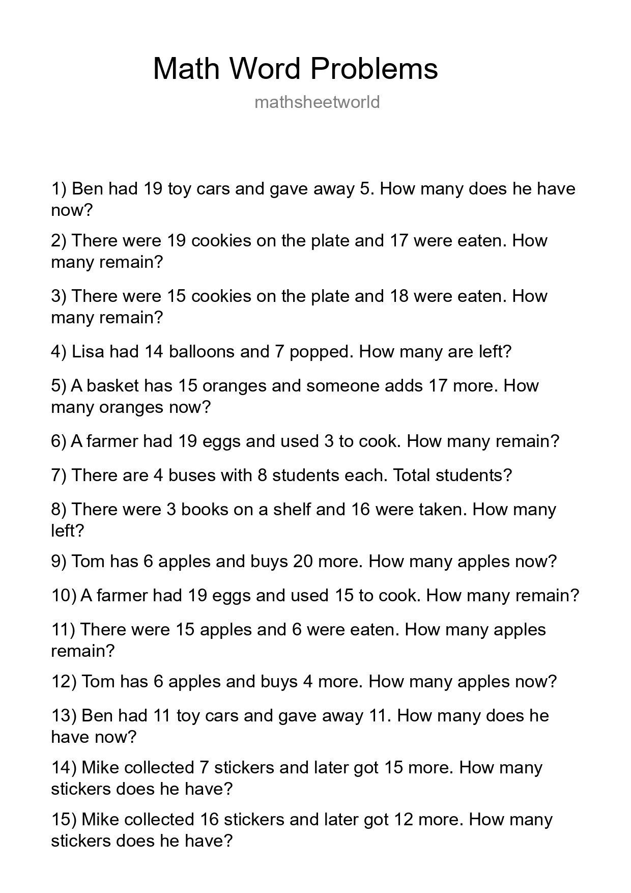 Math Word Problem Worksheet