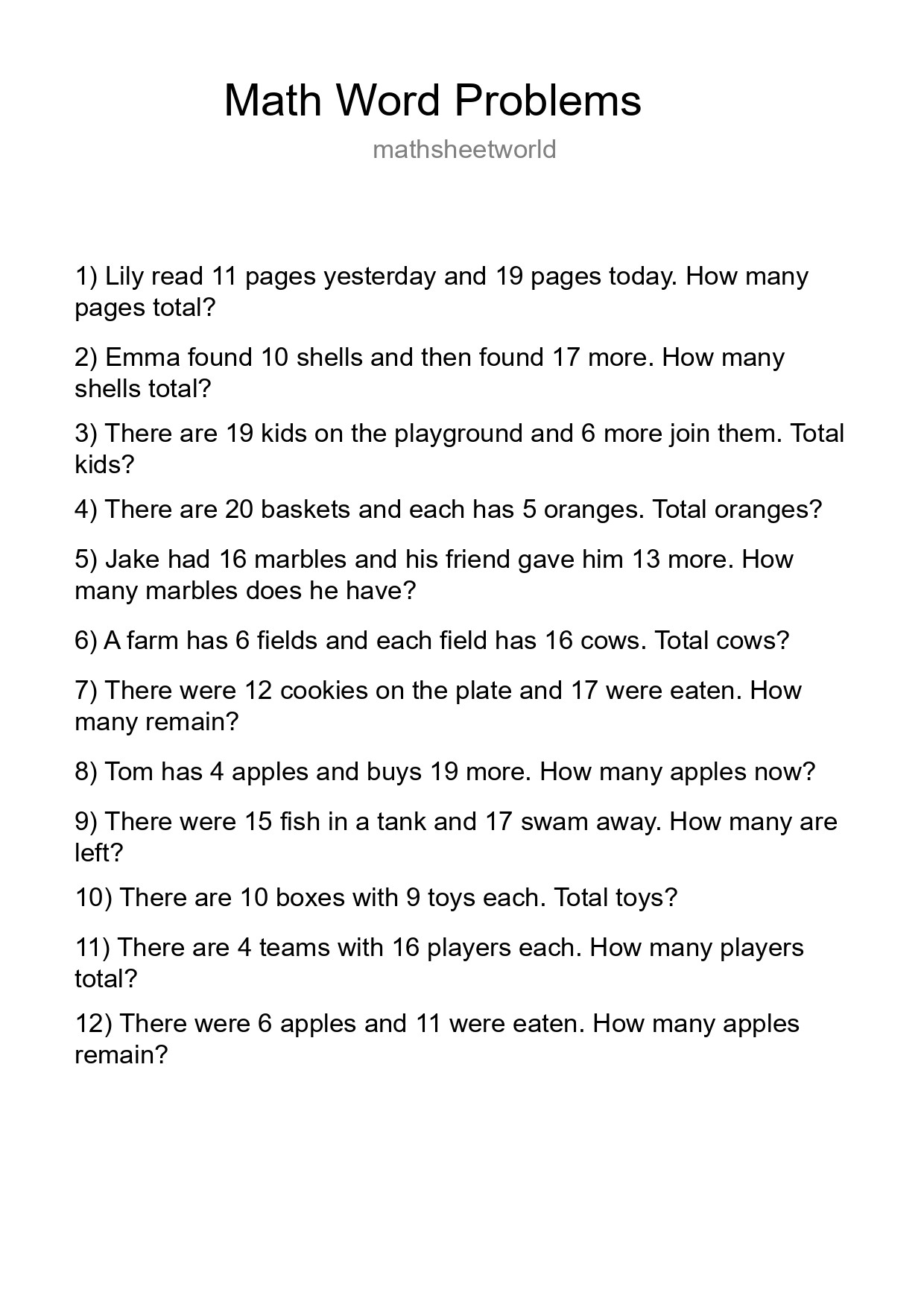 Math Word Problem Worksheet