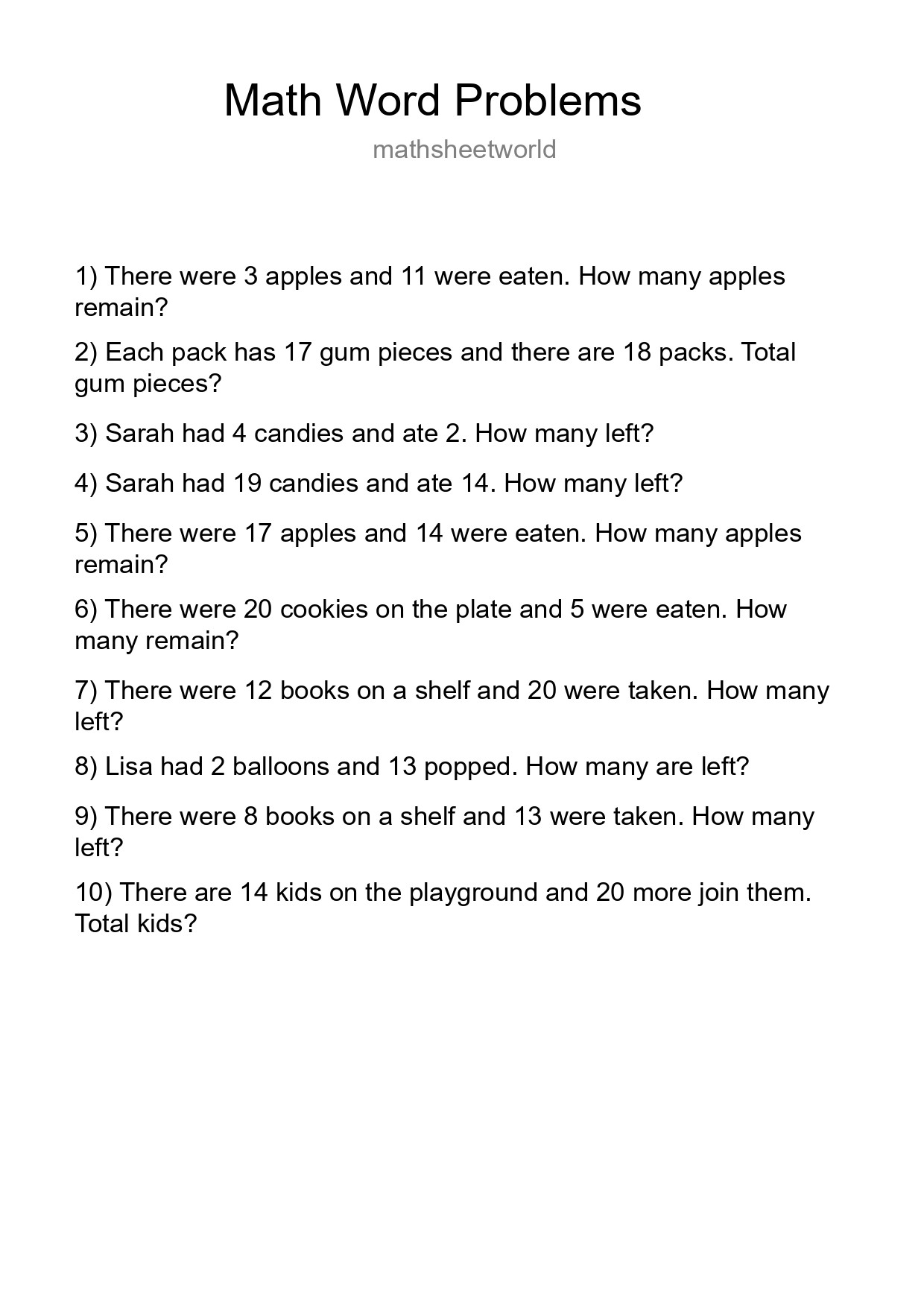 Math Word Problem Worksheet