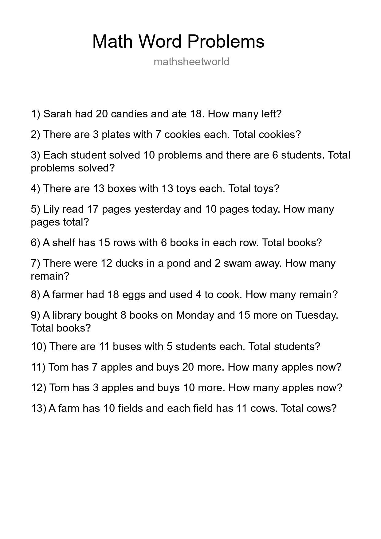 Math Word Problem Worksheet