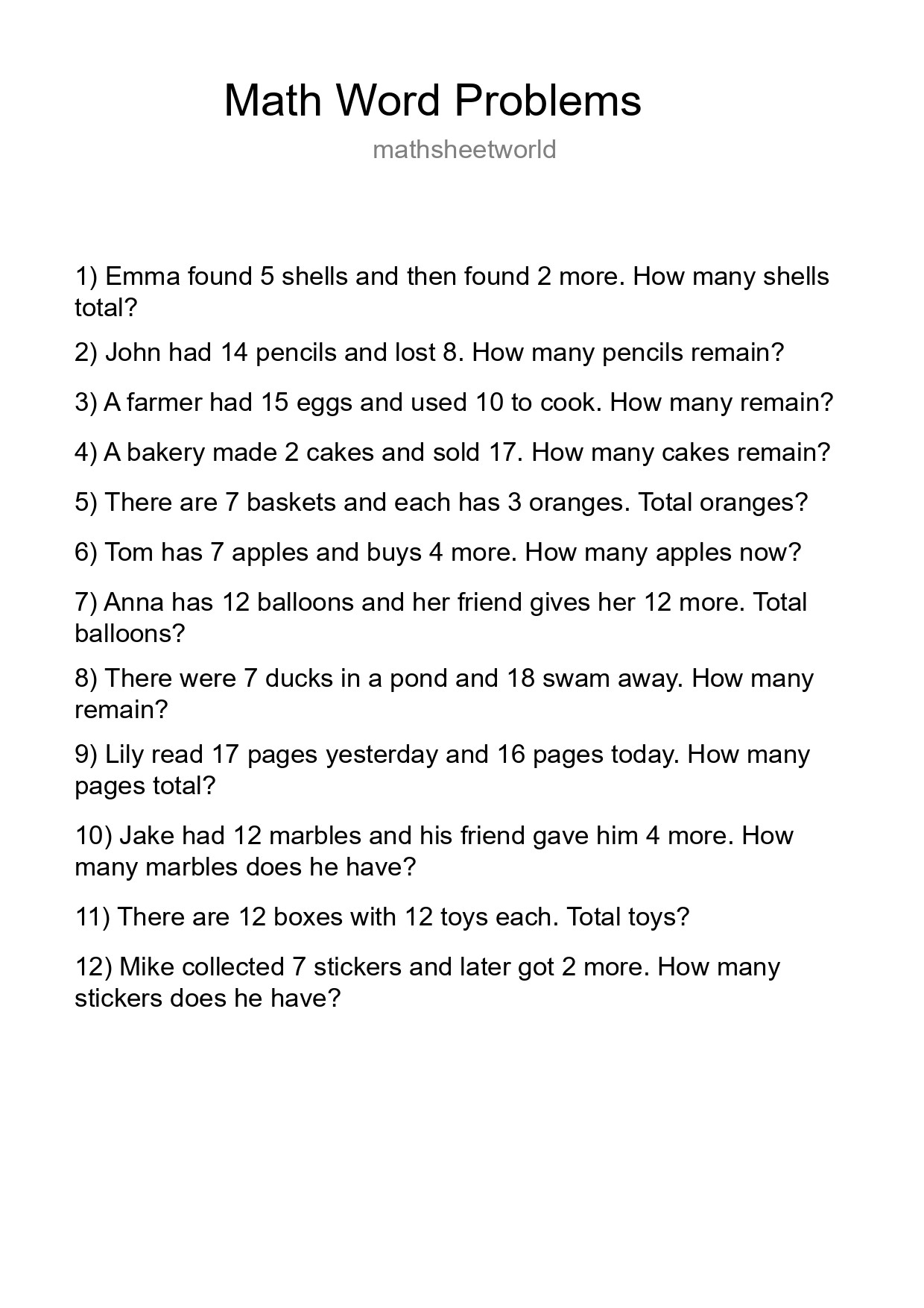 Math Word Problem Worksheet