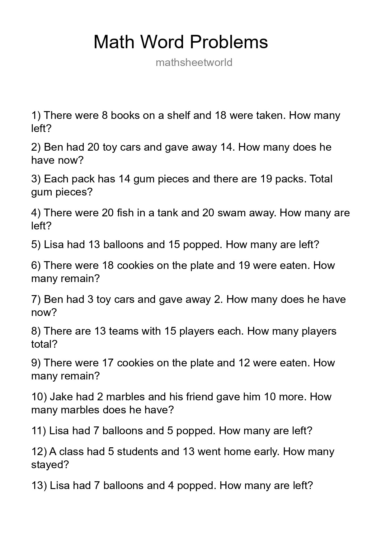 Math Word Problem Worksheet