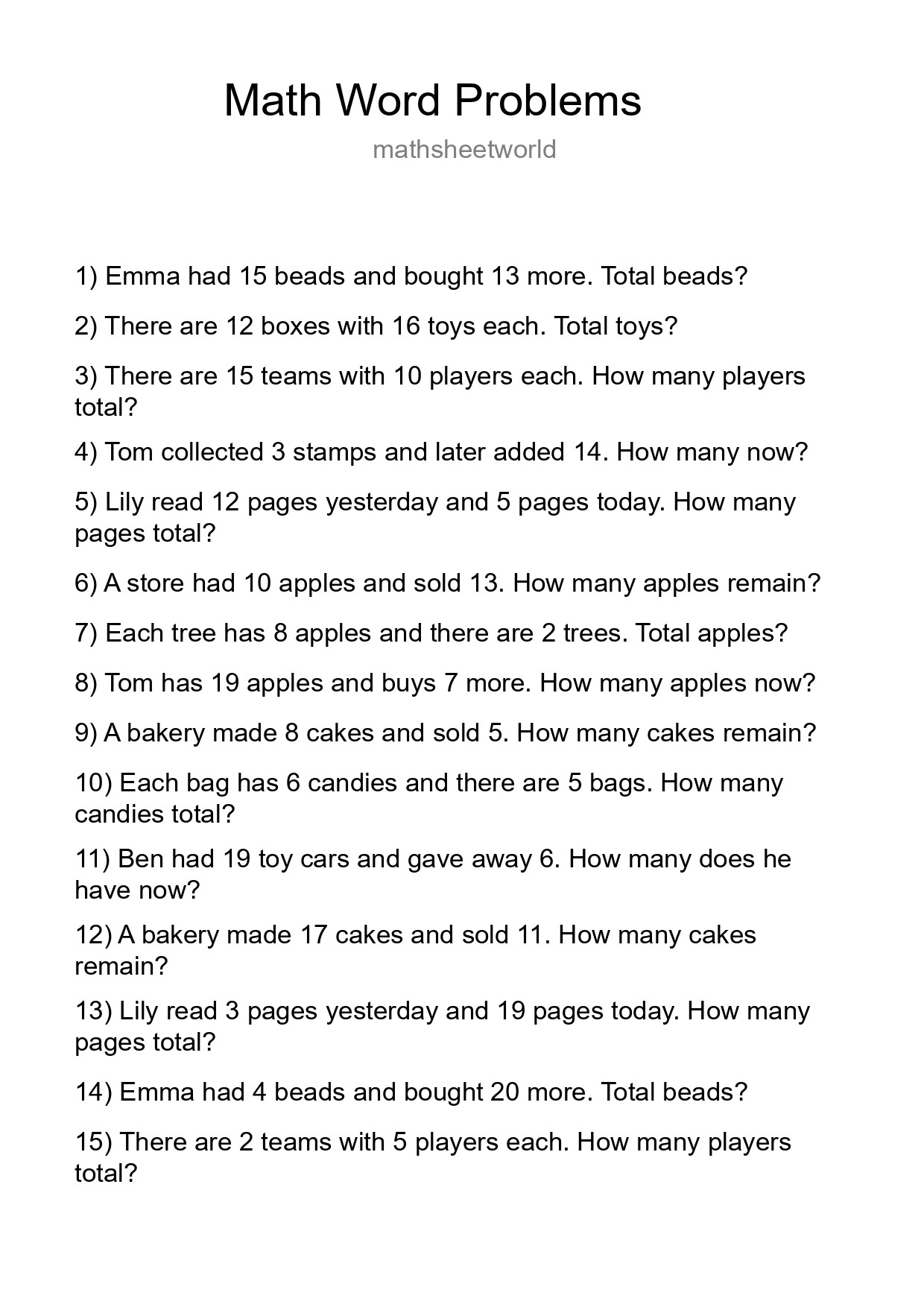 Math Word Problem Worksheet