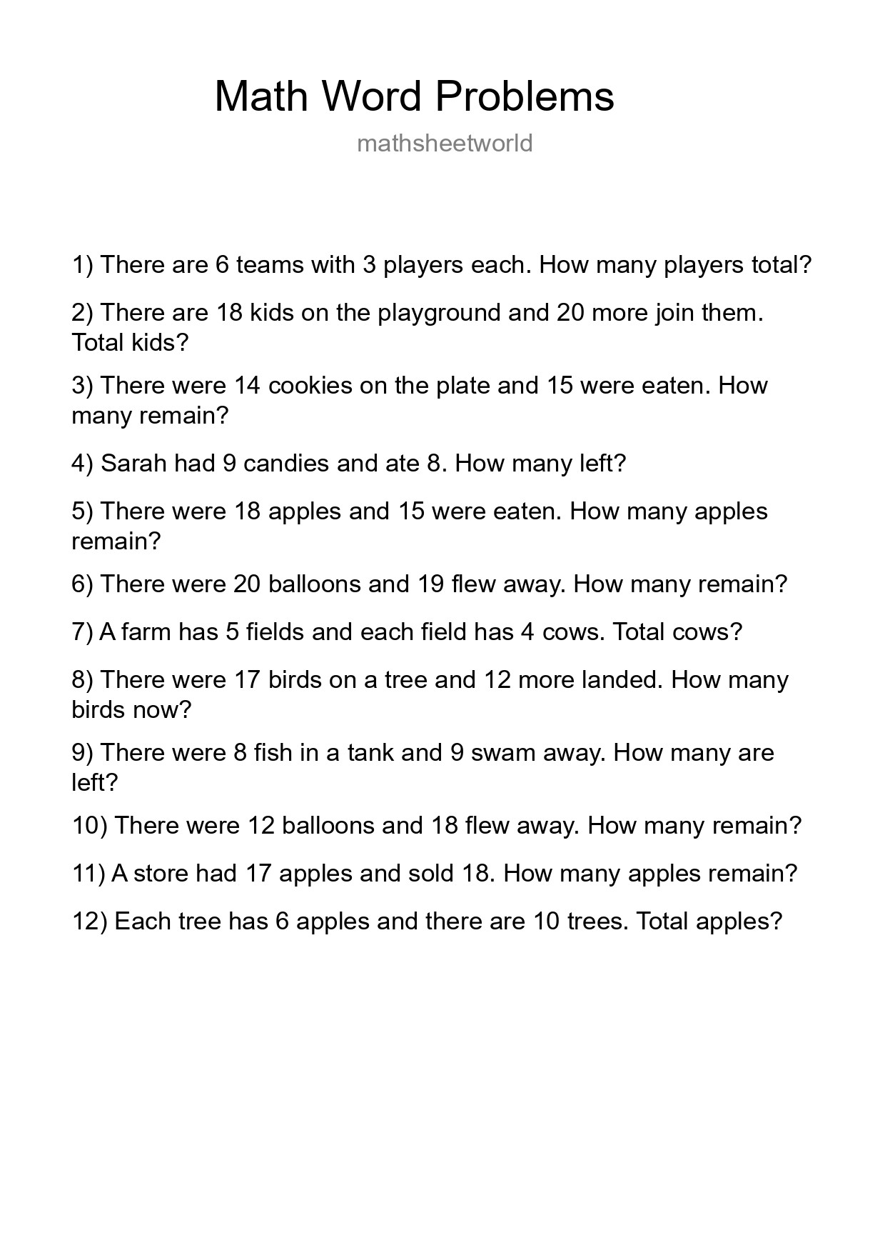 Math Word Problem Worksheet