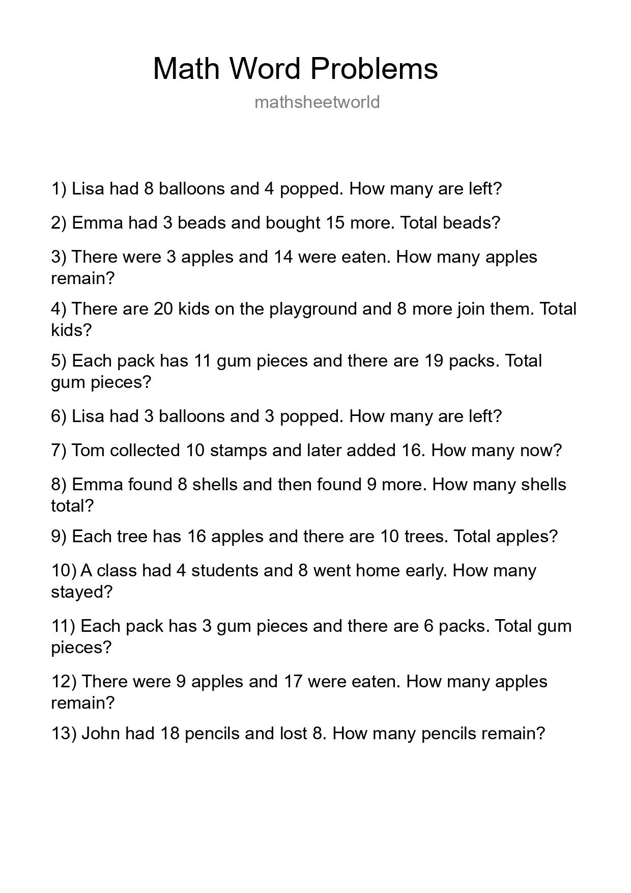 Math Word Problem Worksheet