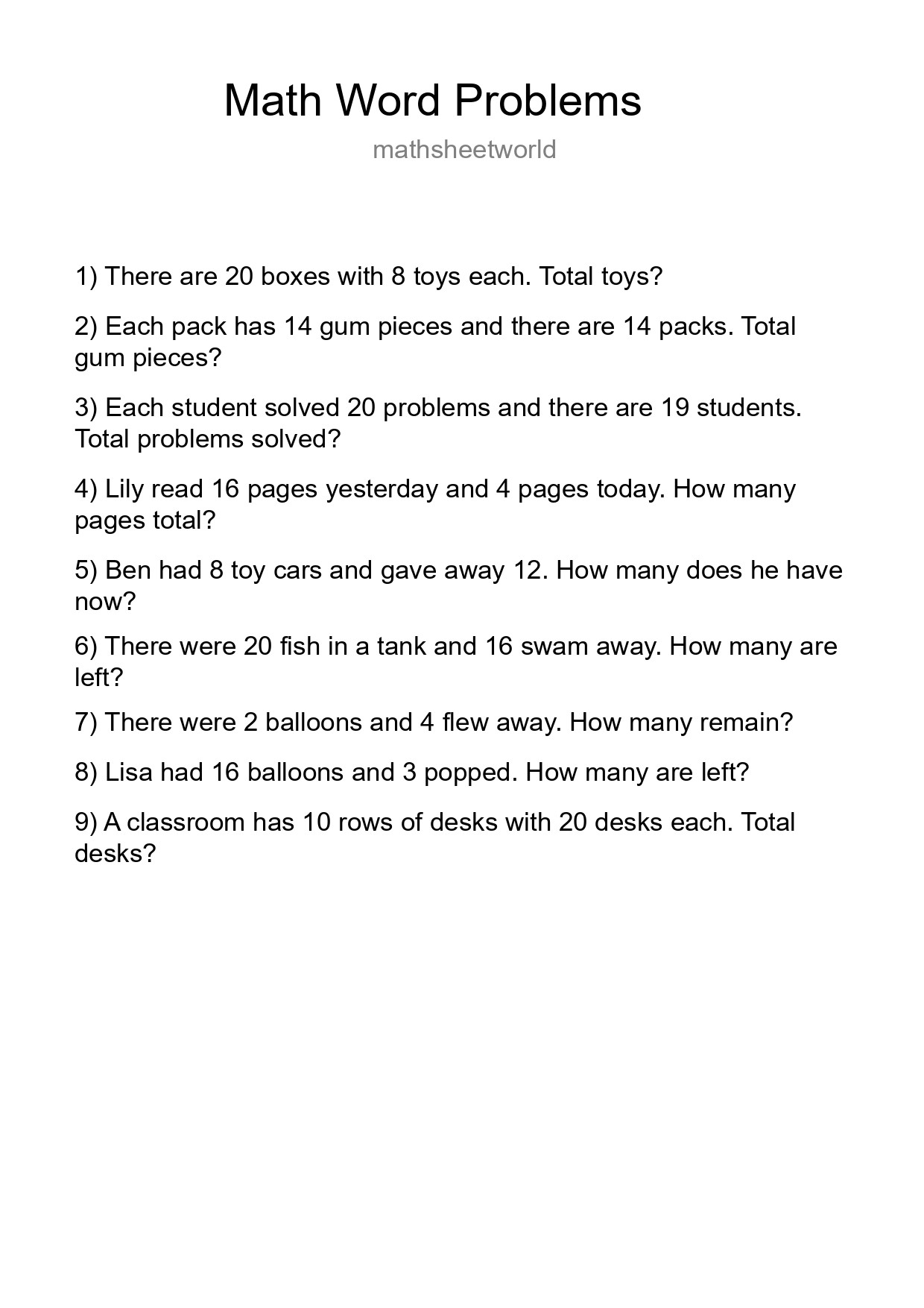Math Word Problem Worksheet