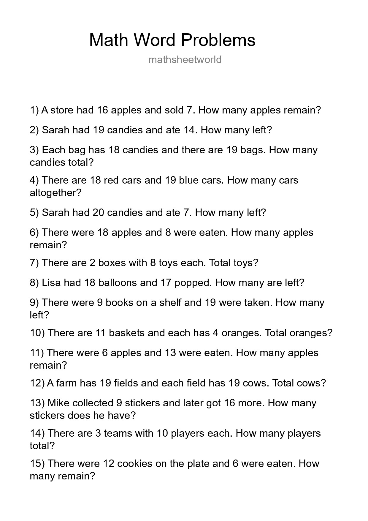 Math Word Problem Worksheet