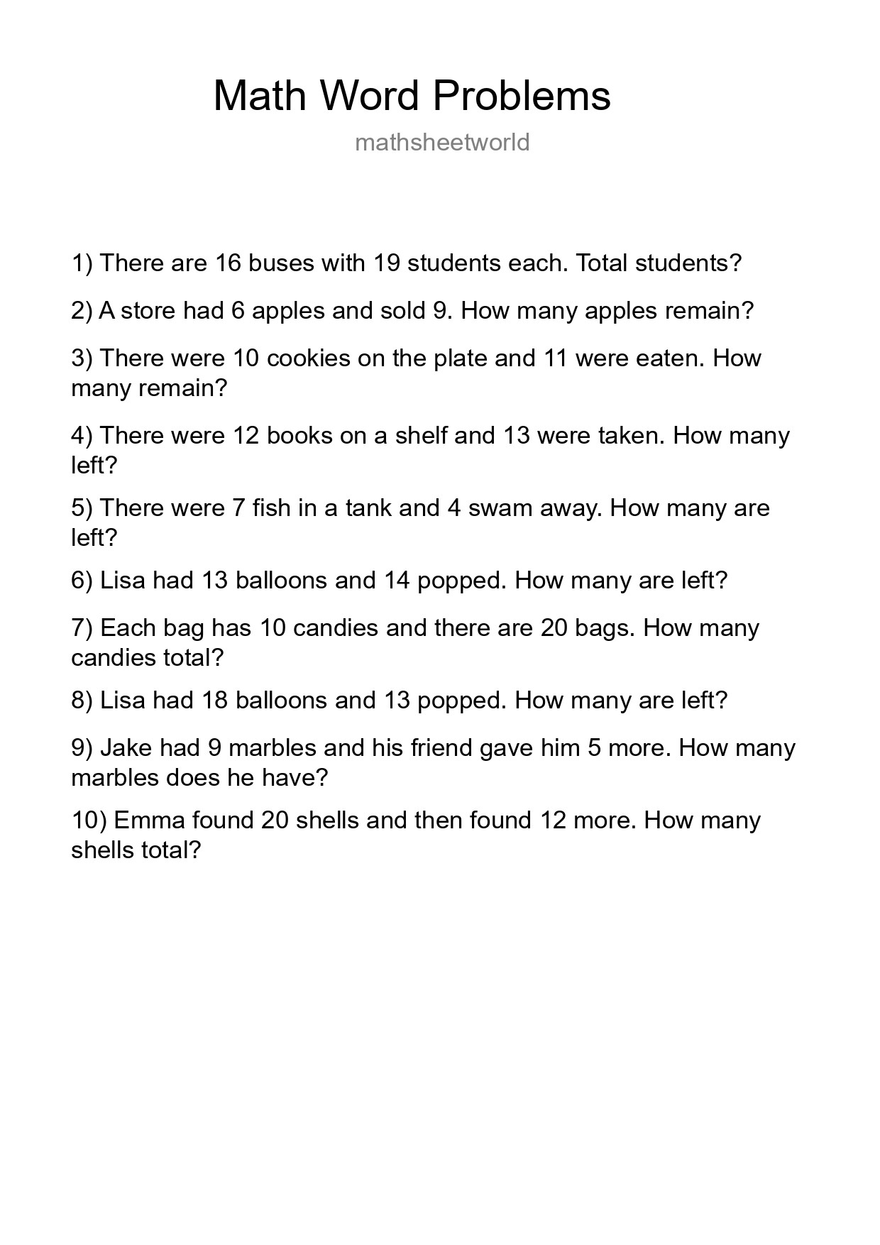 Math Word Problem Worksheet