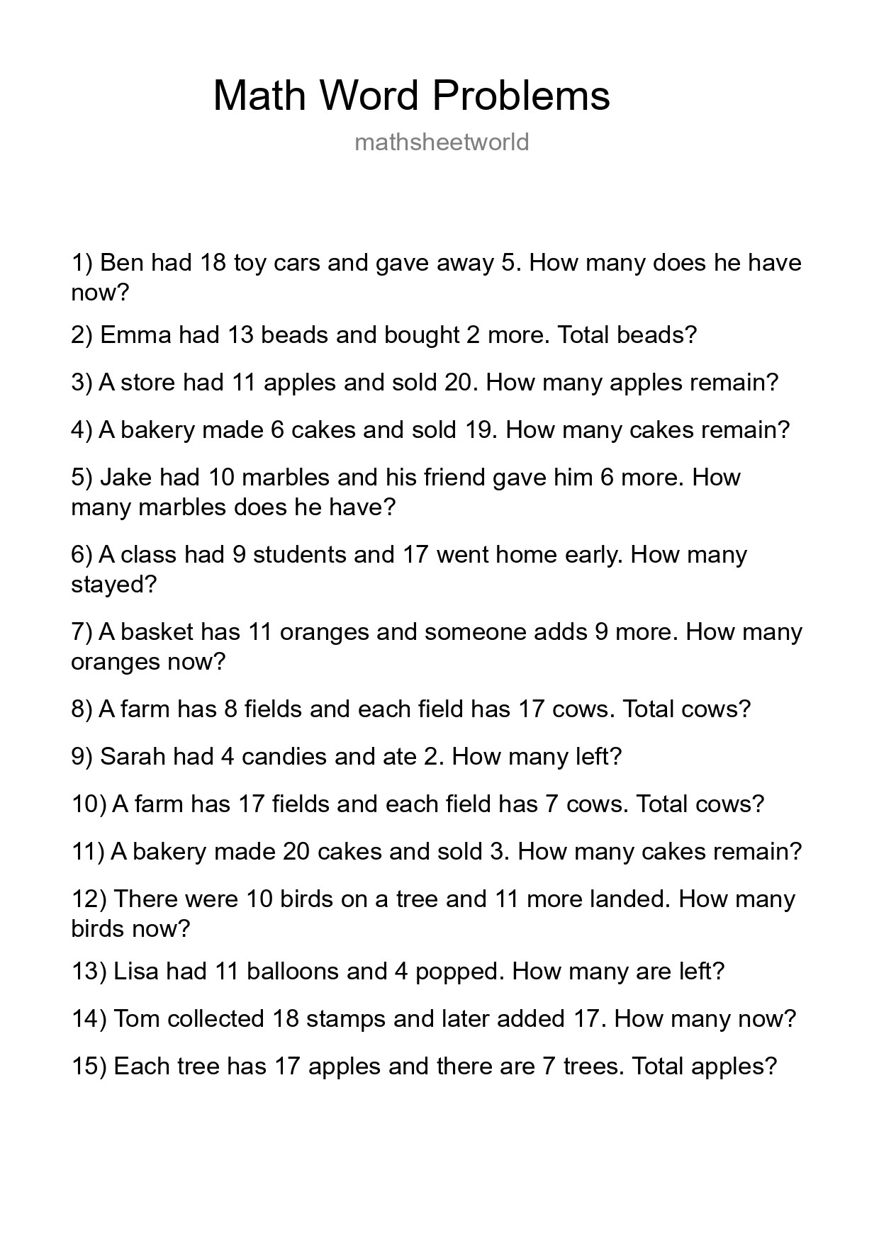 Math Word Problem Worksheet