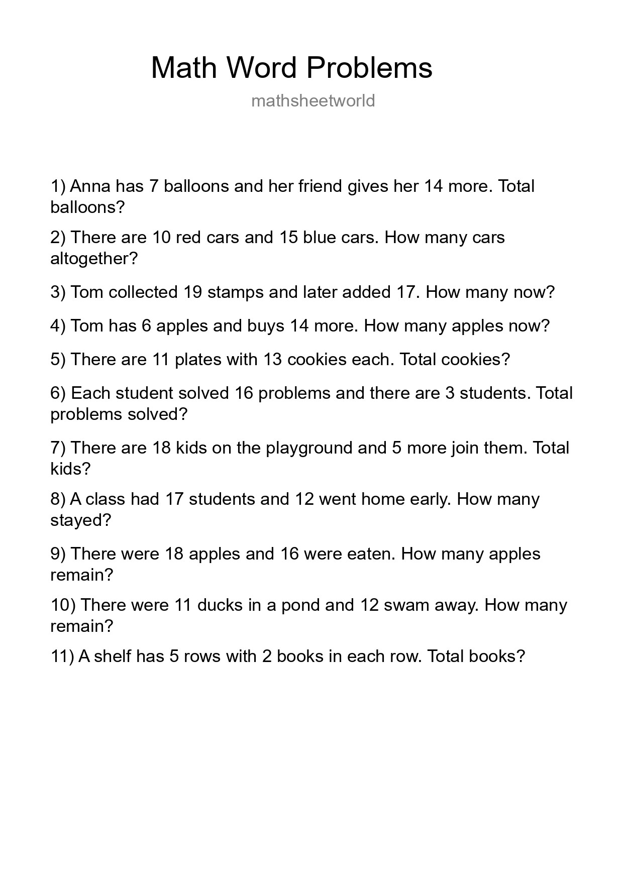 Math Word Problem Worksheet