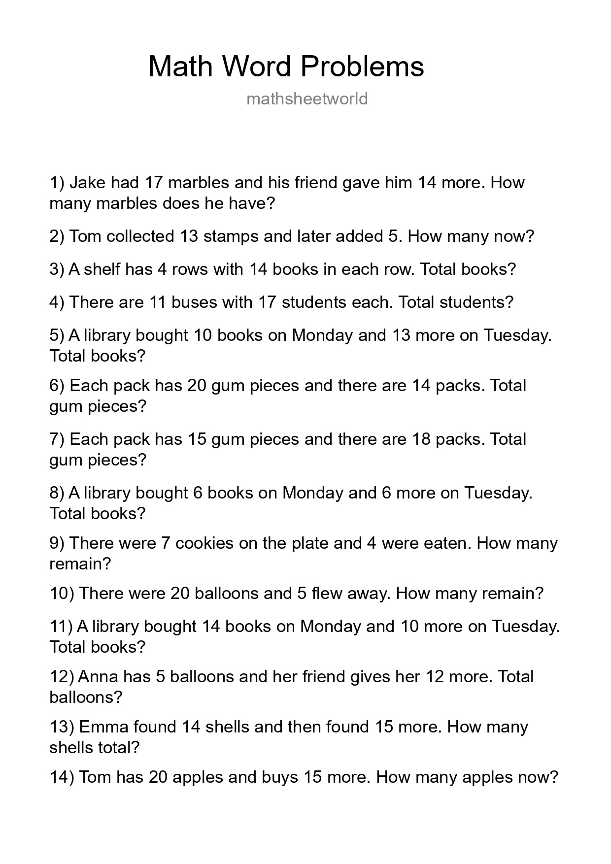 Math Word Problem Worksheet