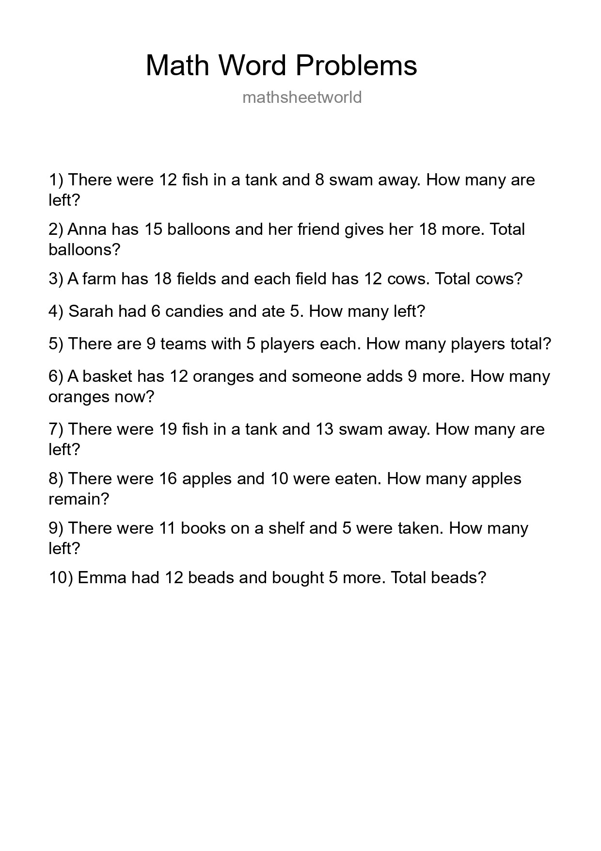 Math Word Problem Worksheet