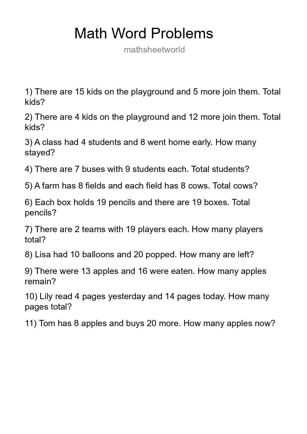 Math Word Problem Worksheet