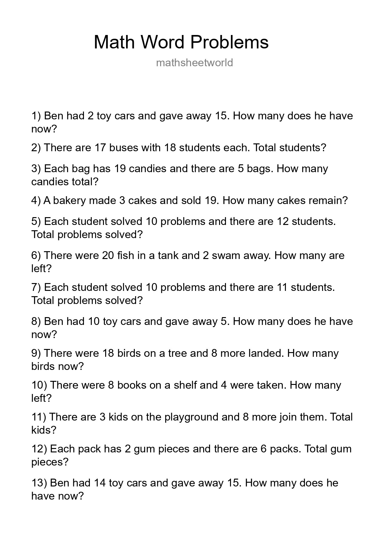 Math Word Problem Worksheet