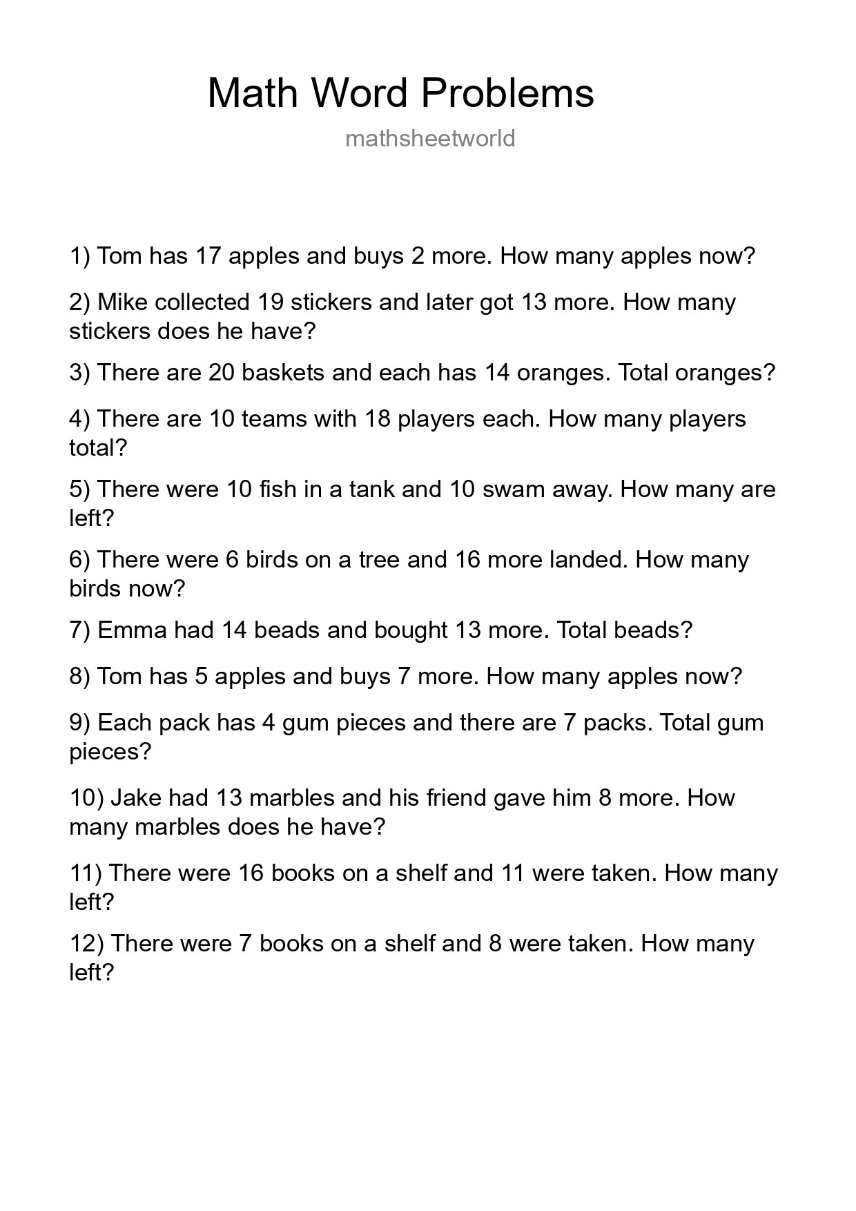 Math Word Problem Worksheet