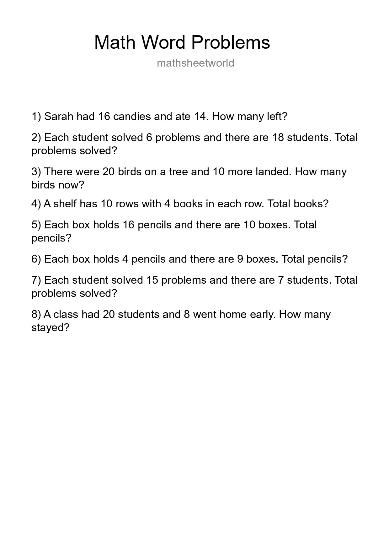 Math Word Problem Worksheet