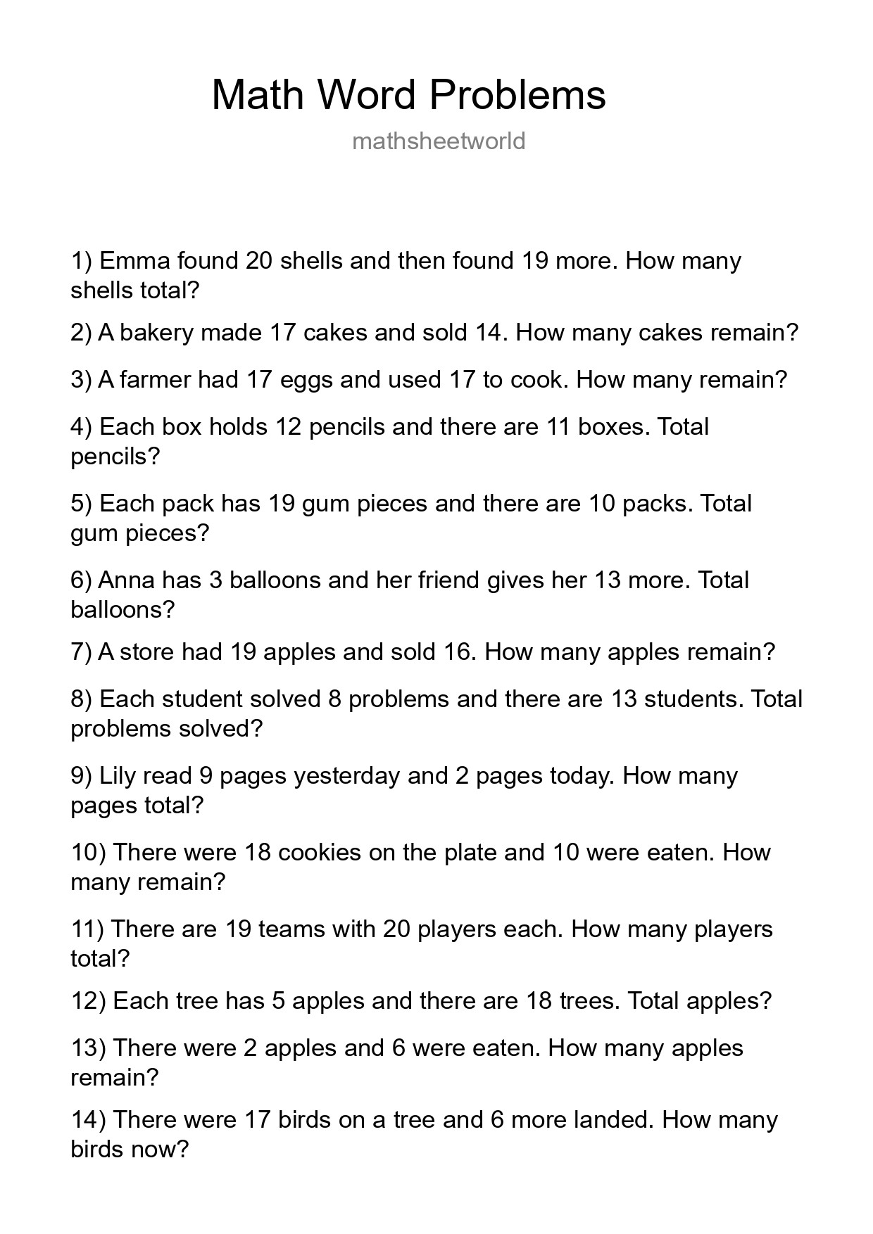 Math Word Problem Worksheet