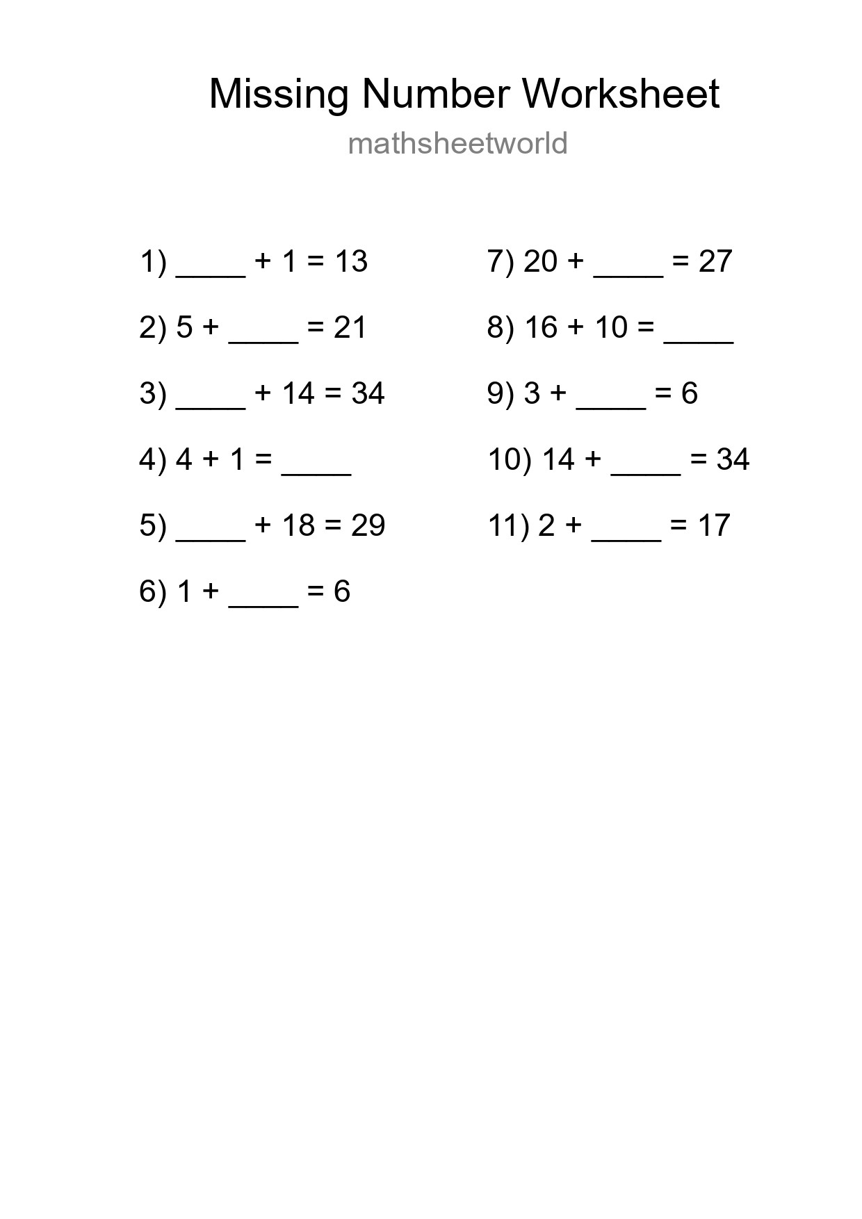 Missing Number Math Worksheet