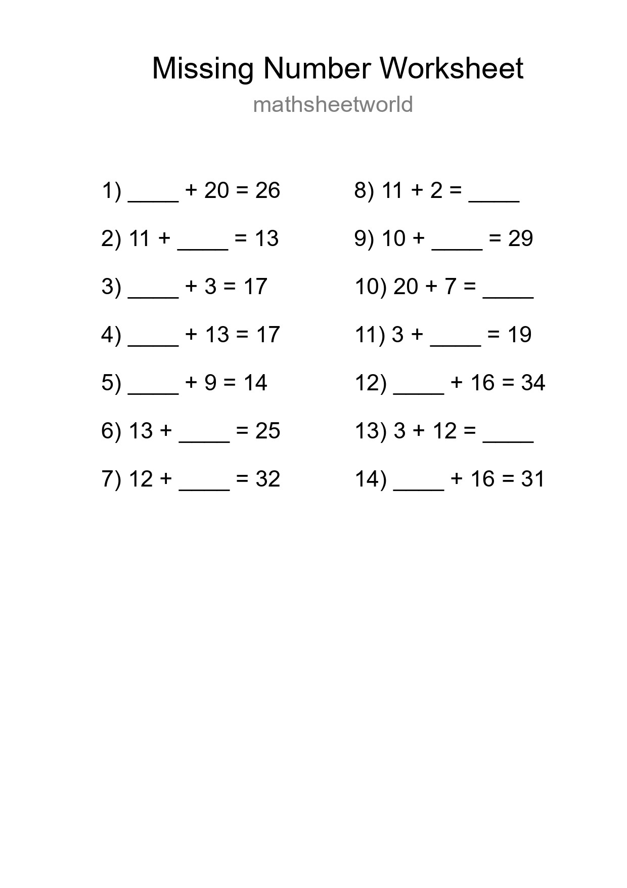 Missing Number Math Worksheet