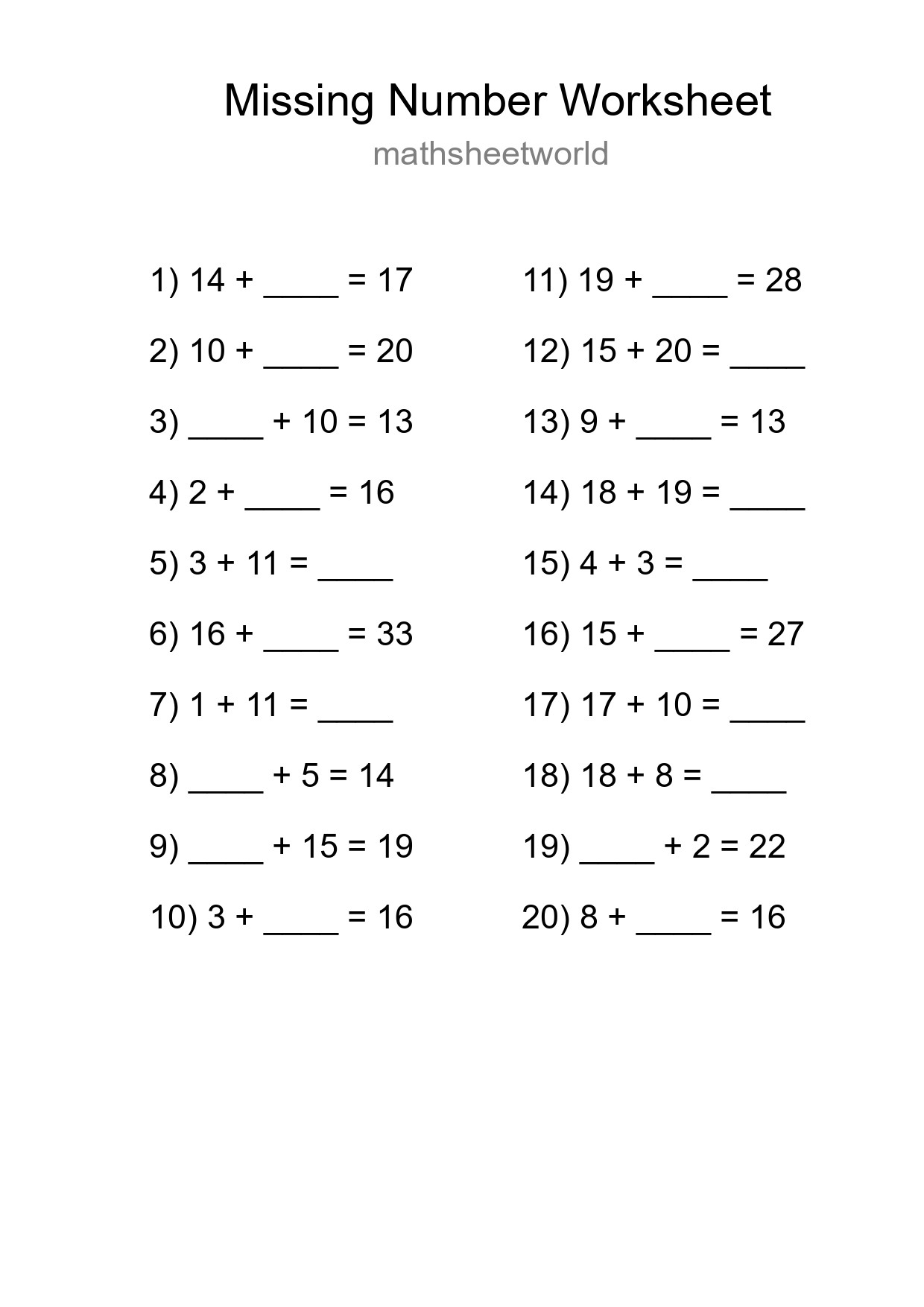 Missing Number Math Worksheet