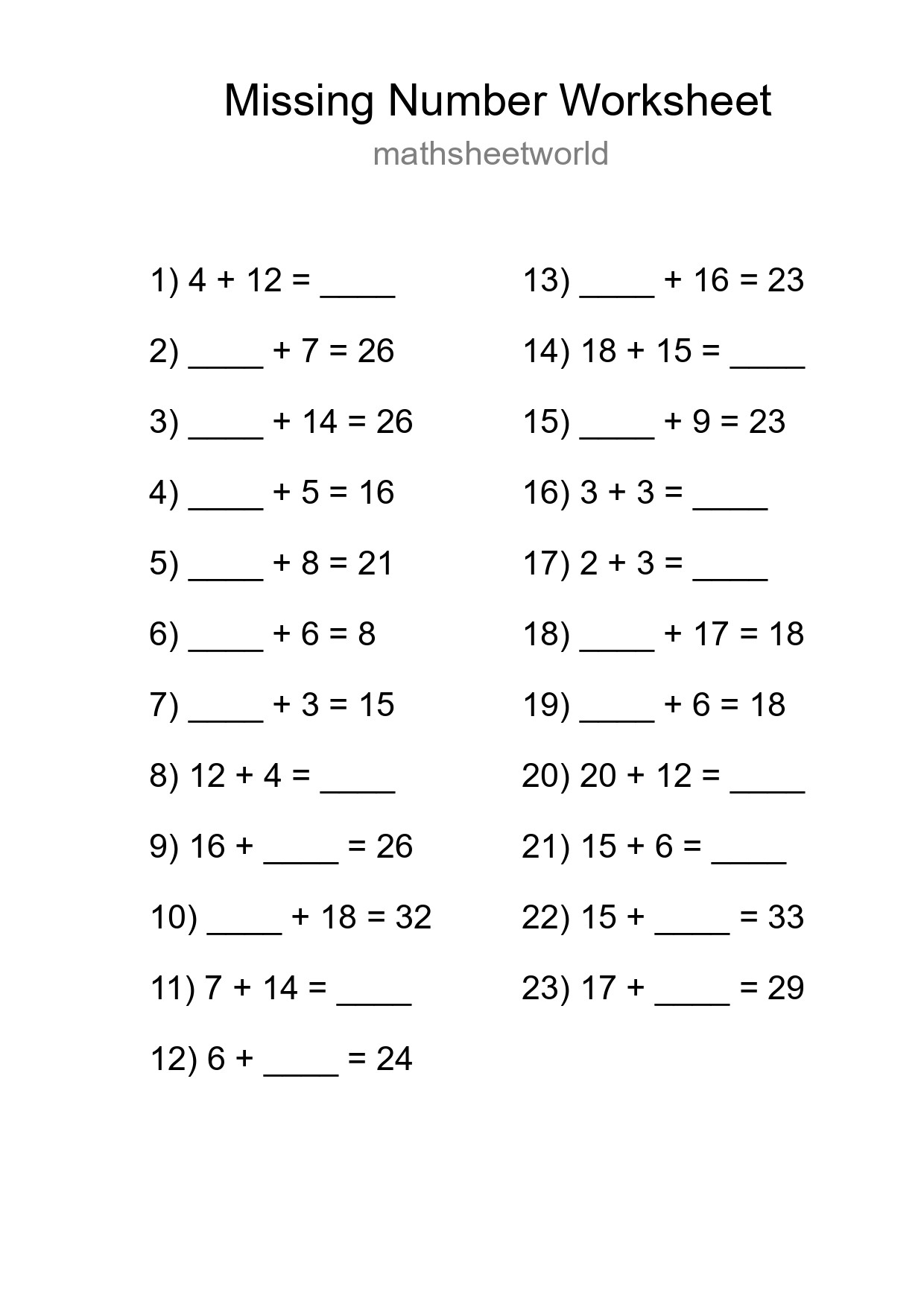 Missing Number Math Worksheet
