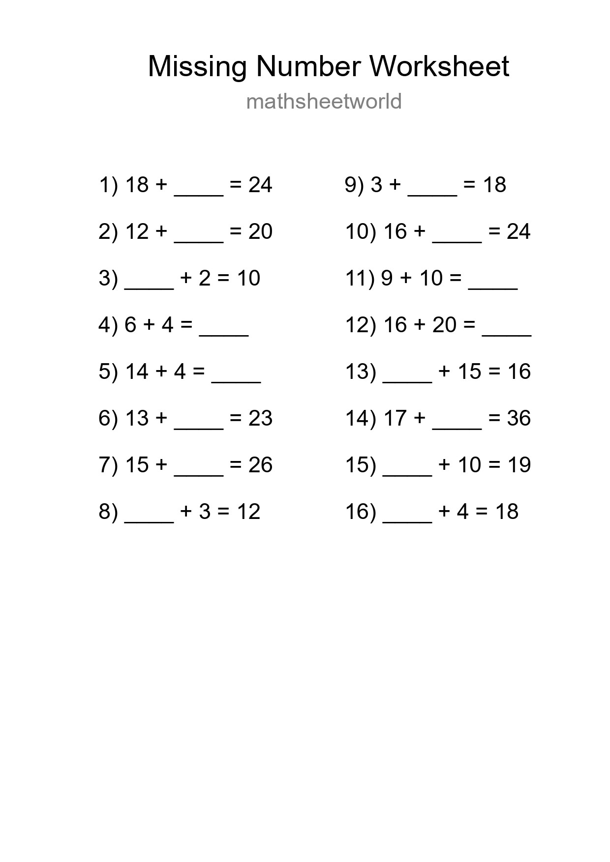 Missing Number Math Worksheet