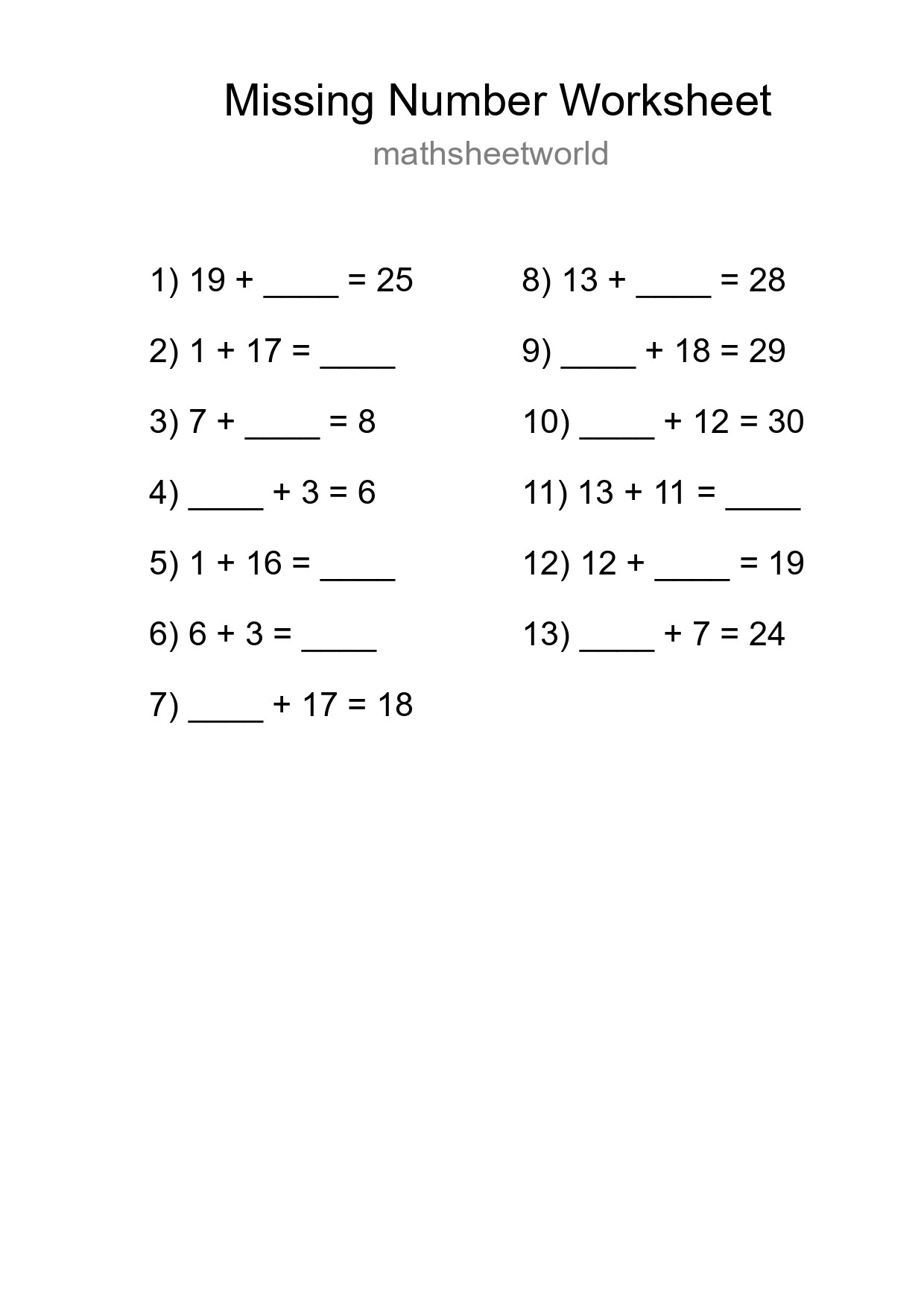 Missing Number Math Worksheet