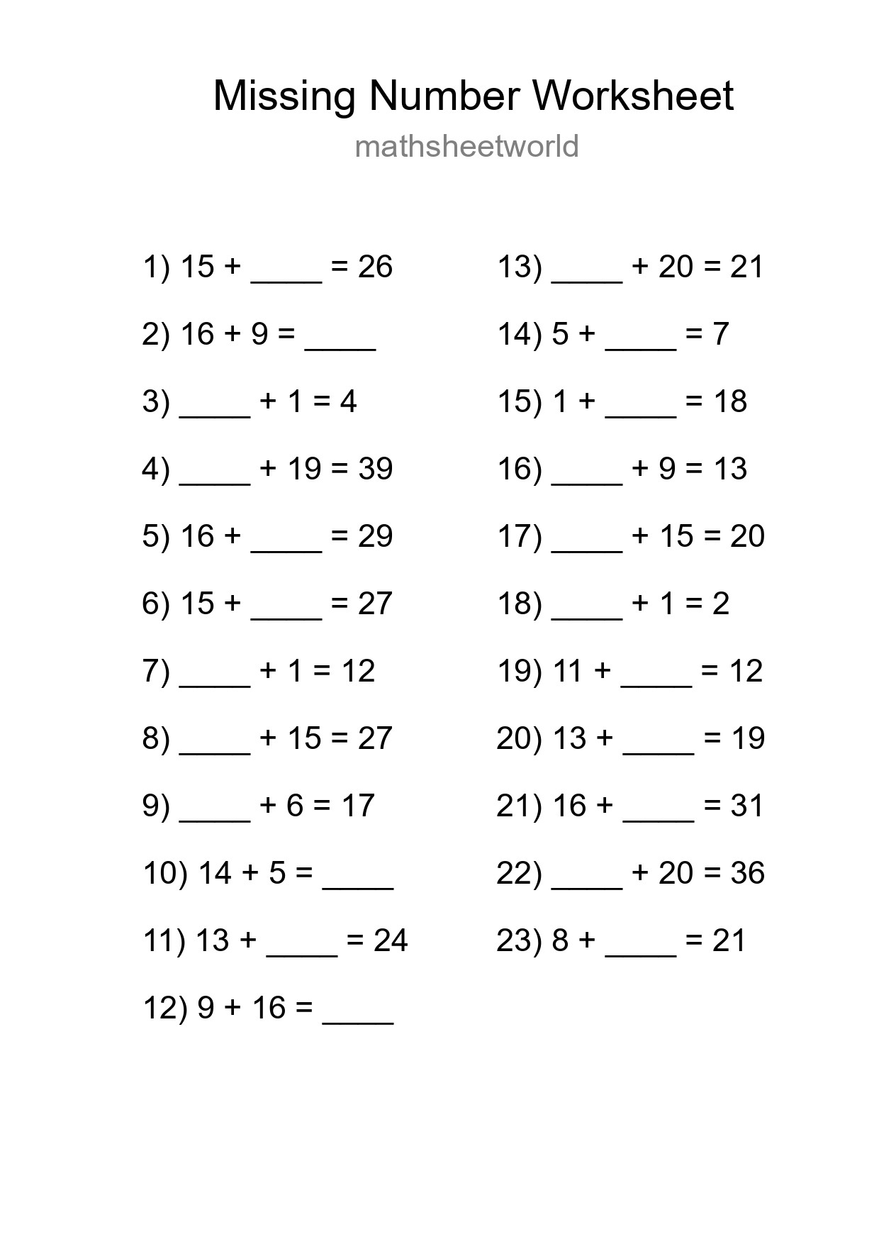Missing Number Math Worksheet