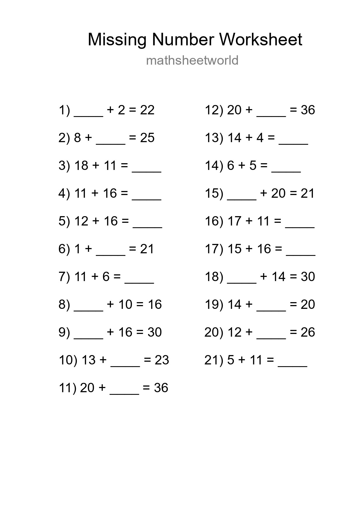 Missing Number Math Worksheet
