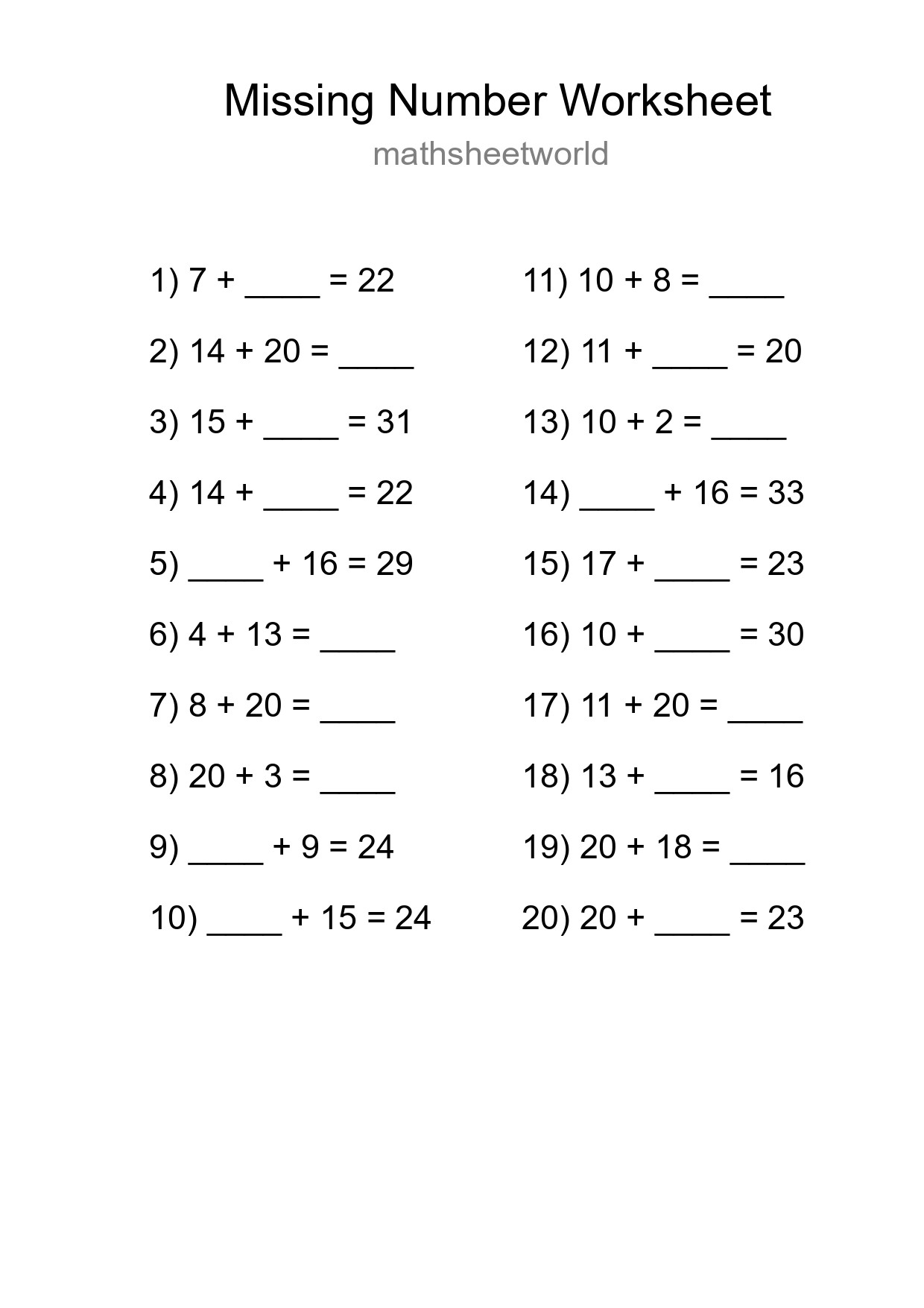 Missing Number Math Worksheet