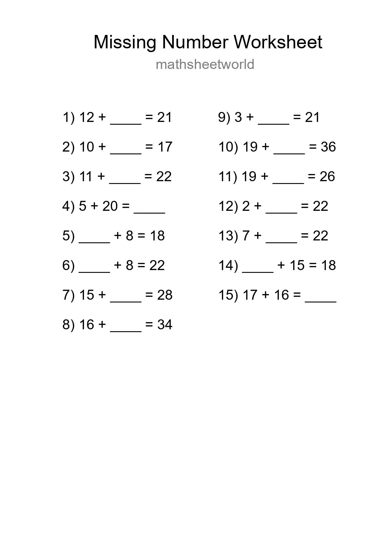 Missing Number Math Worksheet