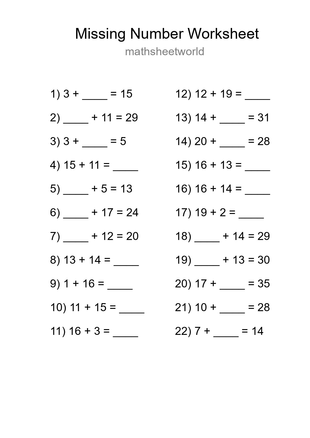 Missing Number Math Worksheet