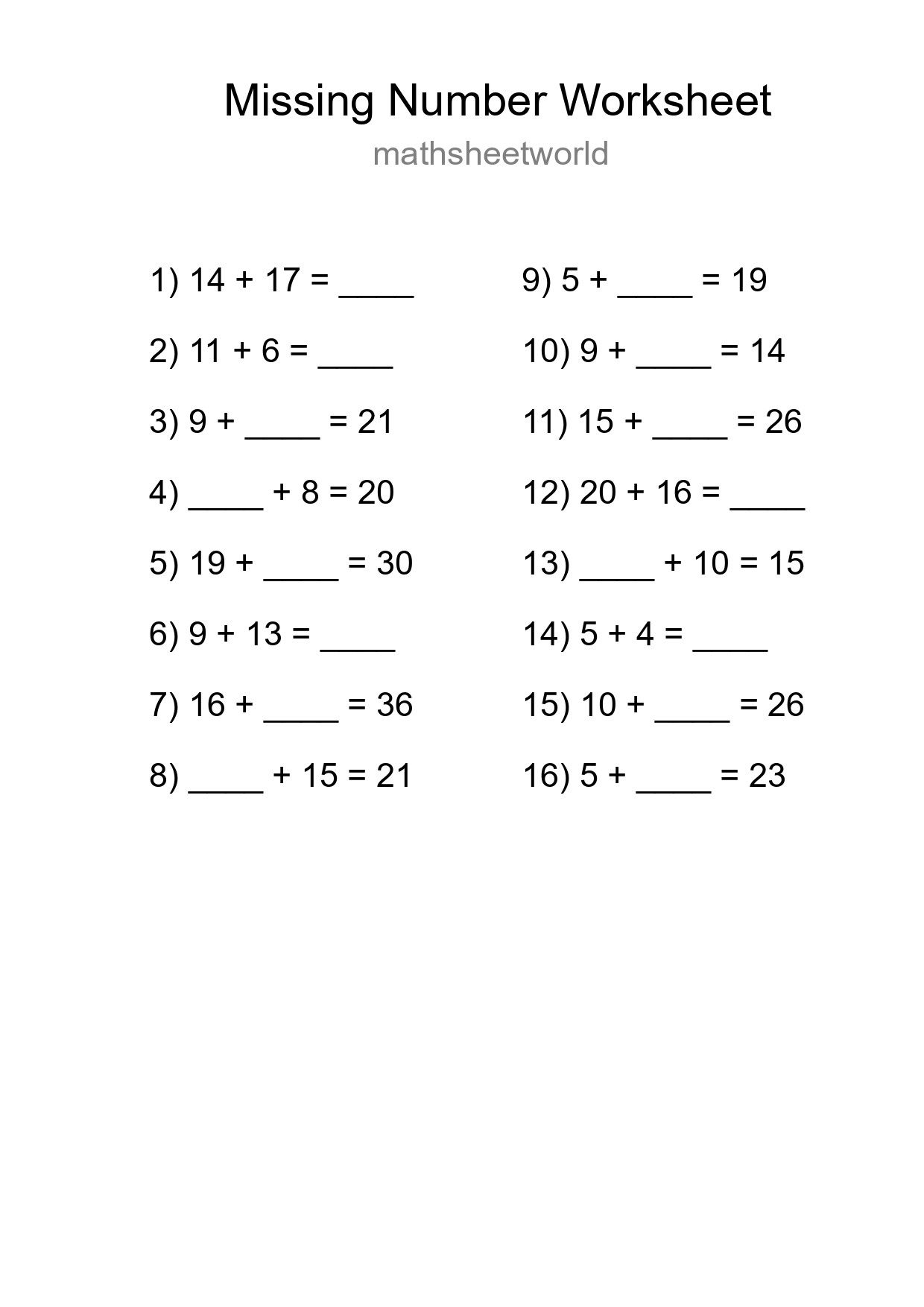Missing Number Math Worksheet