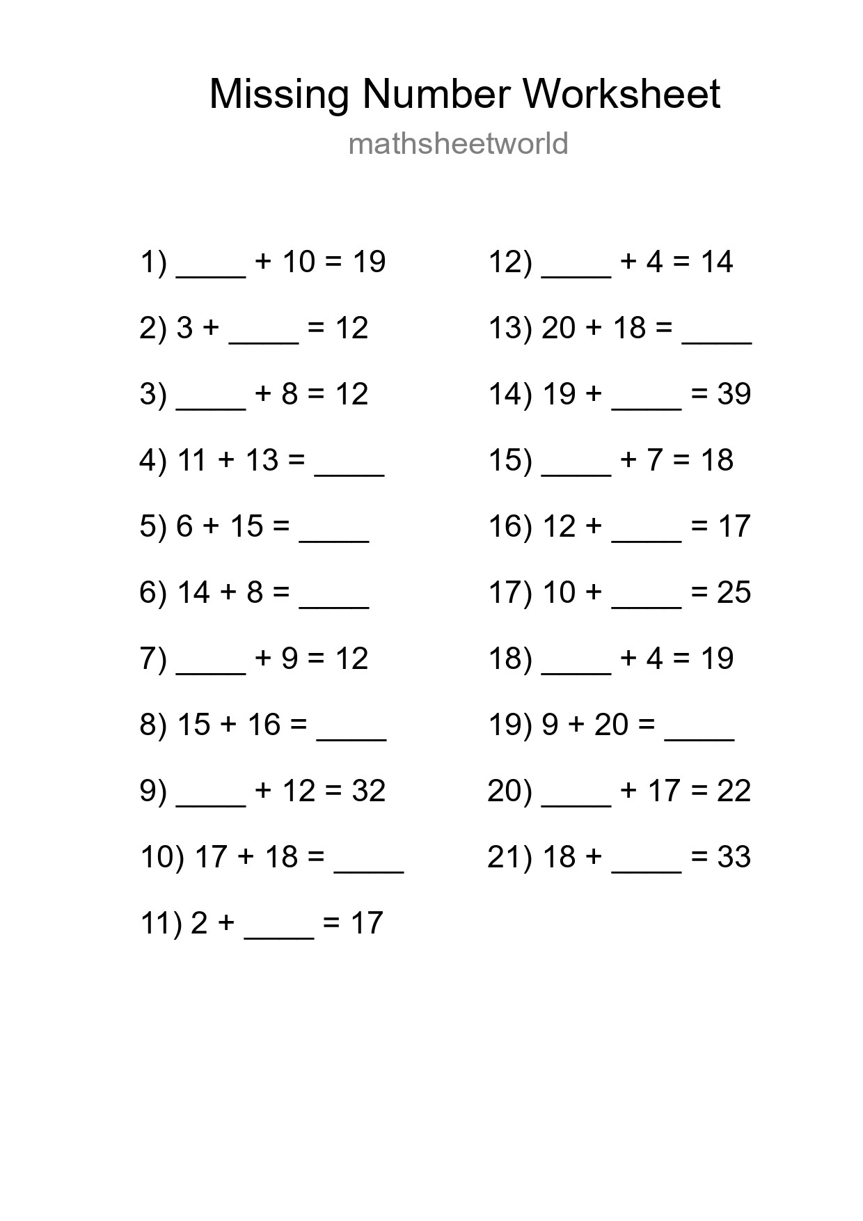 Missing Number Math Worksheet