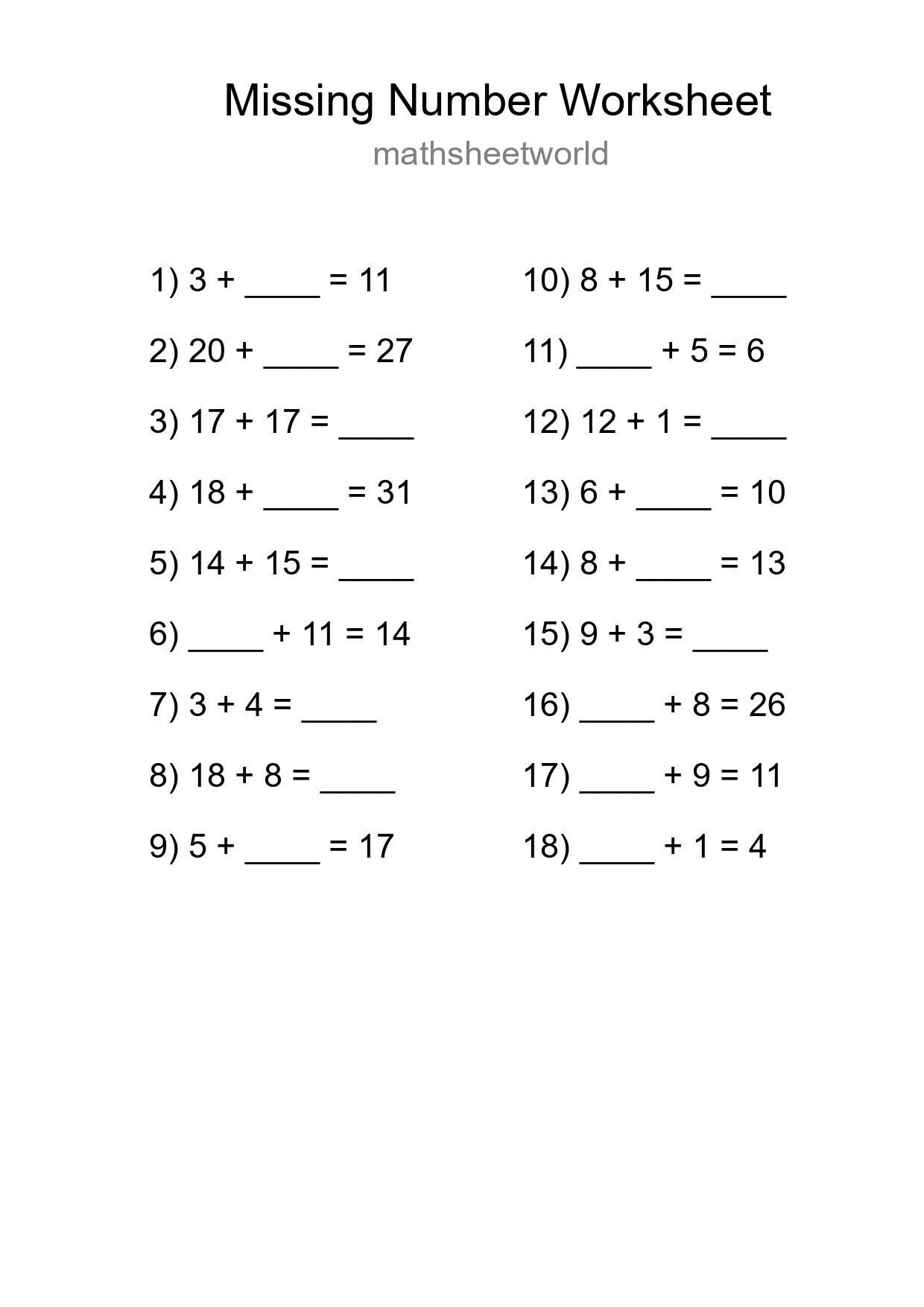 Missing Number Math Worksheet