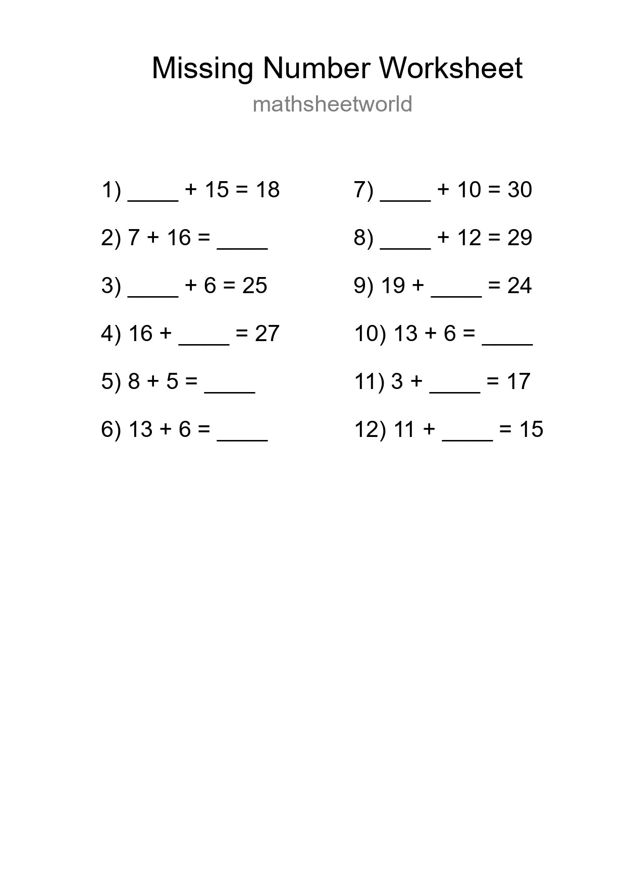 Missing Number Math Worksheet