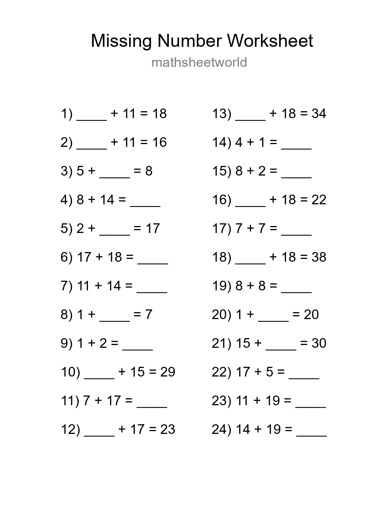 Missing Number Math Worksheet