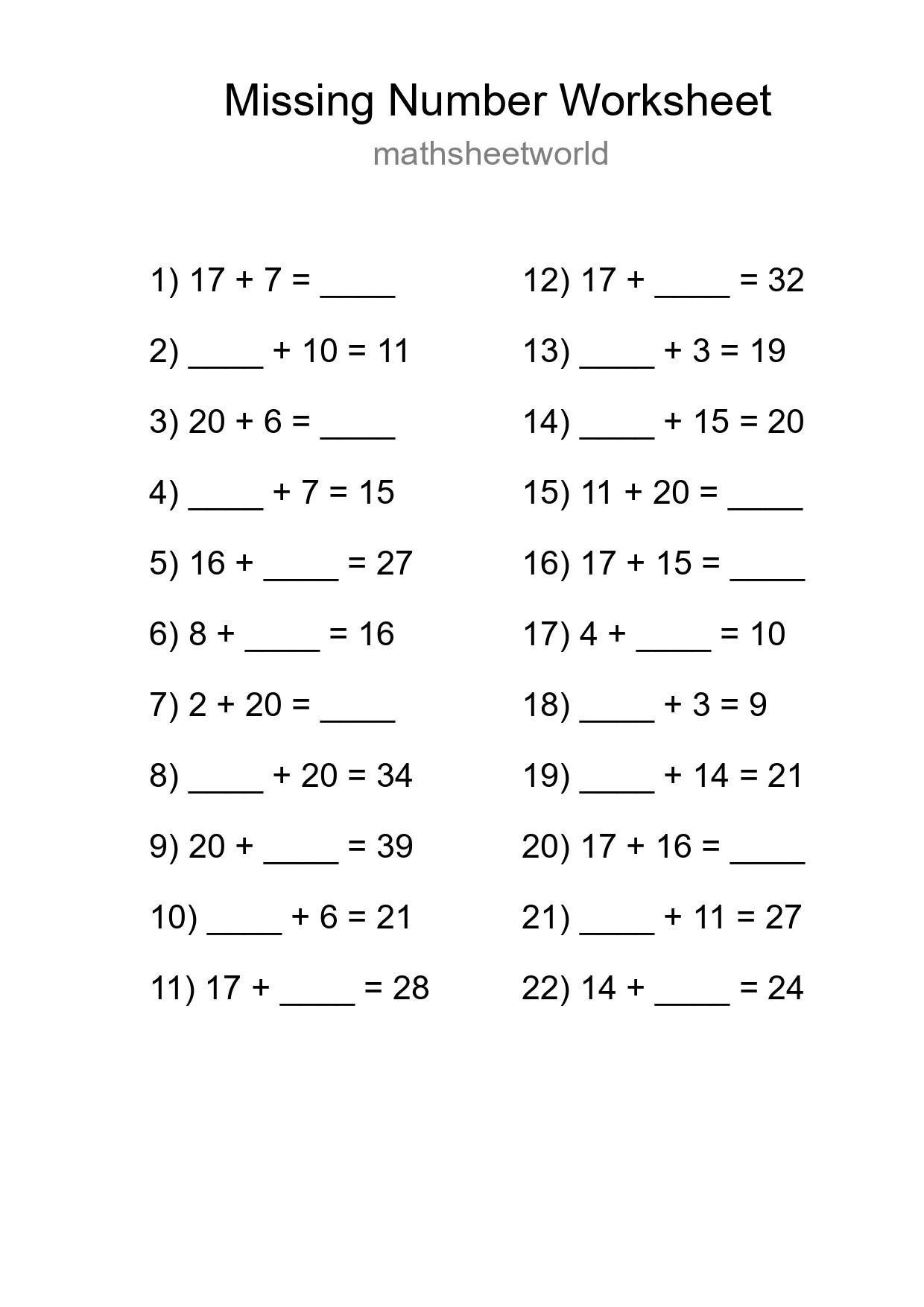 Missing Number Math Worksheet