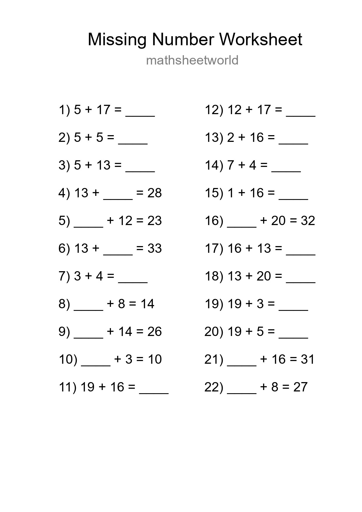 Missing Number Math Worksheet