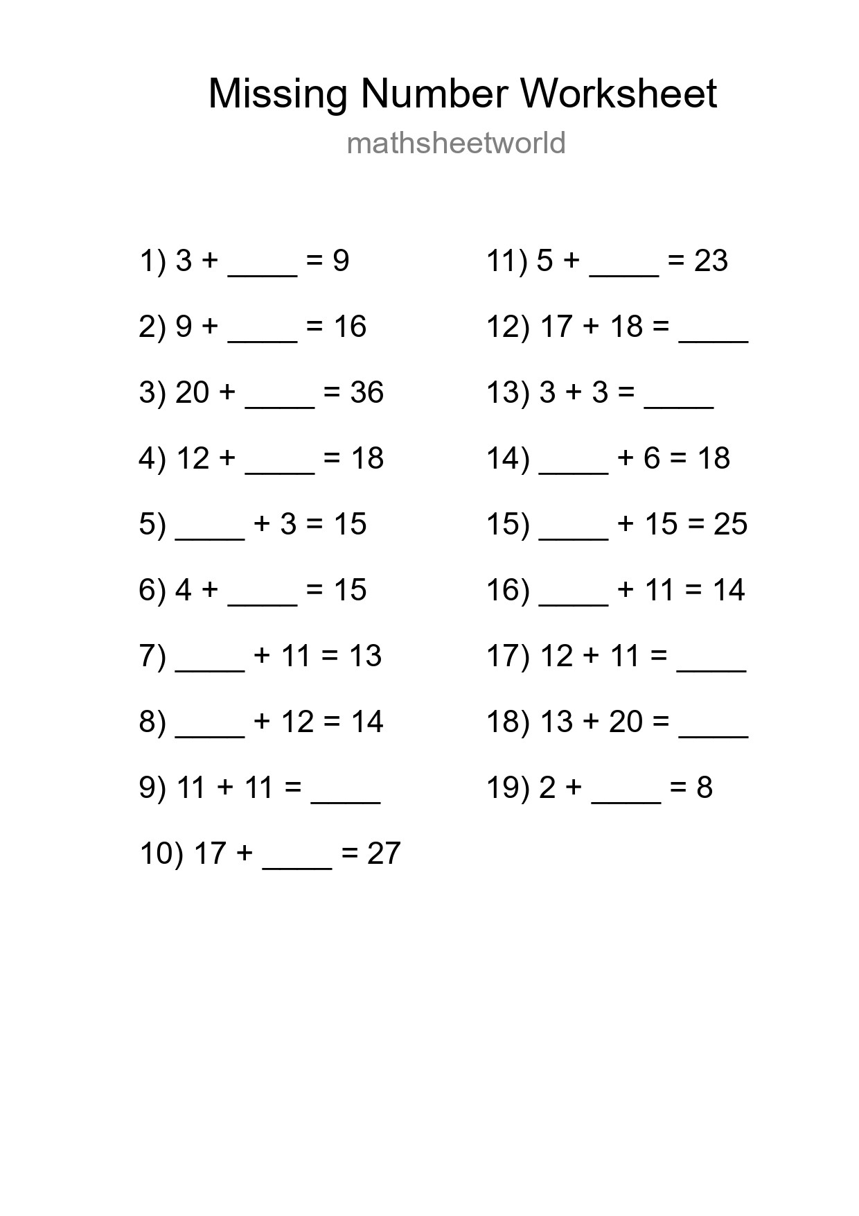 Missing Number Math Worksheet