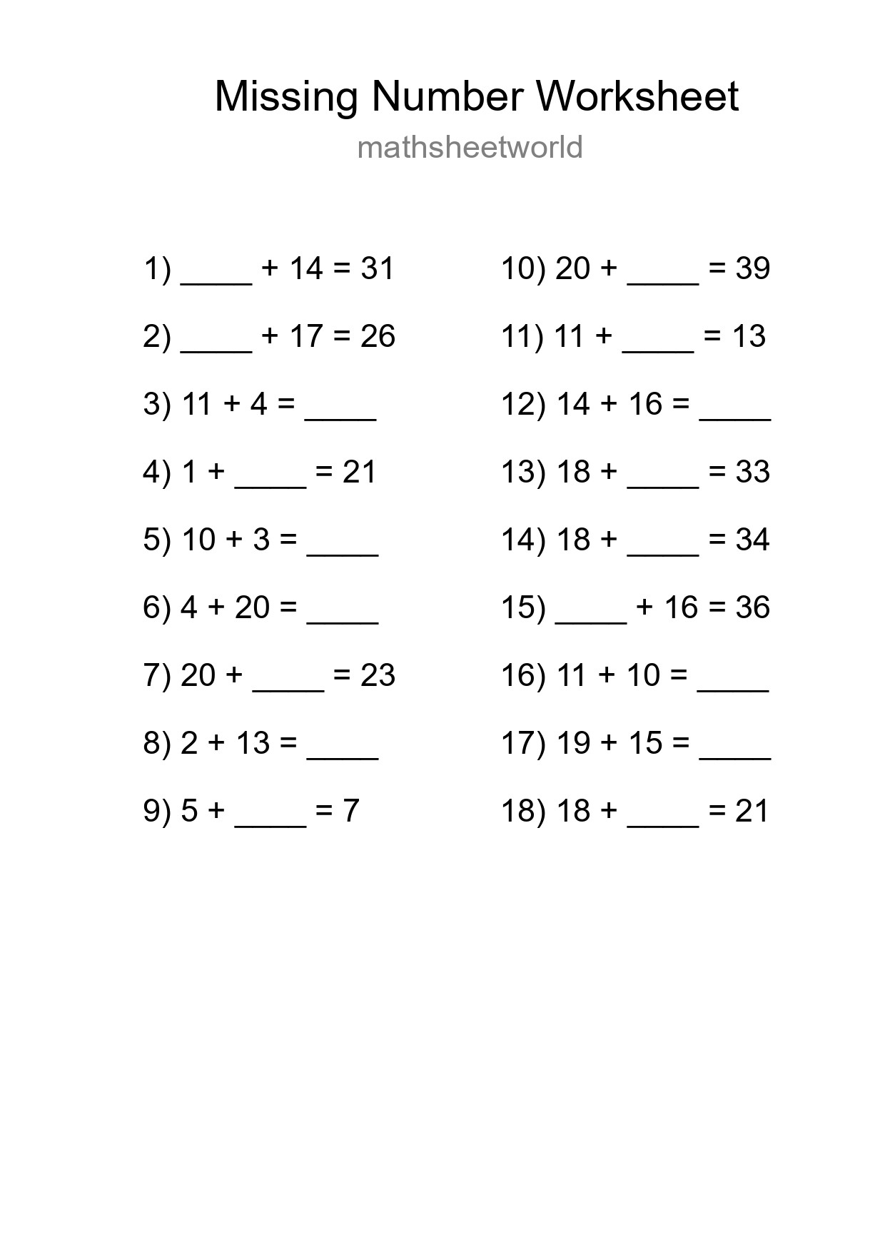 Missing Number Math Worksheet