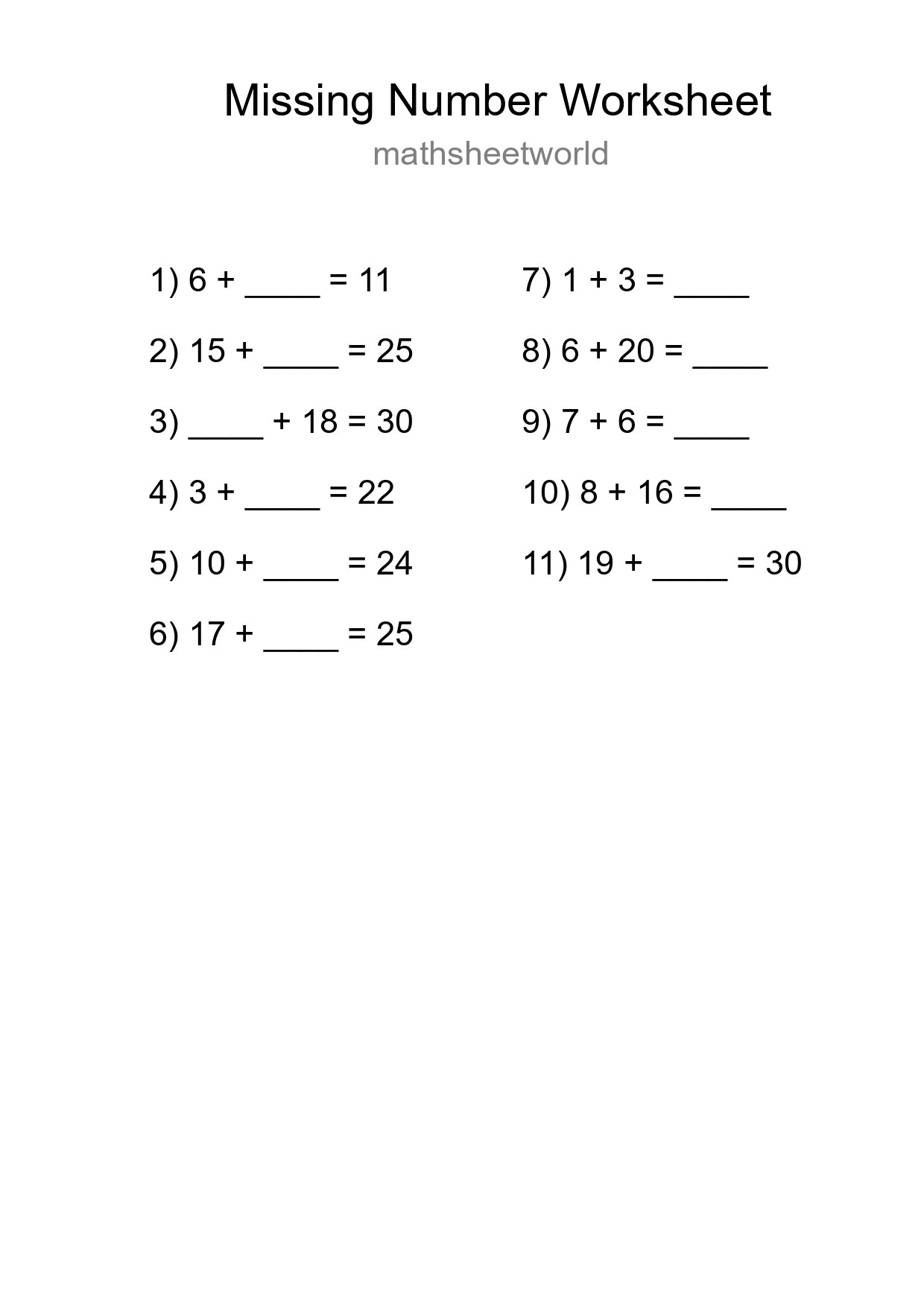 Missing Number Math Worksheet