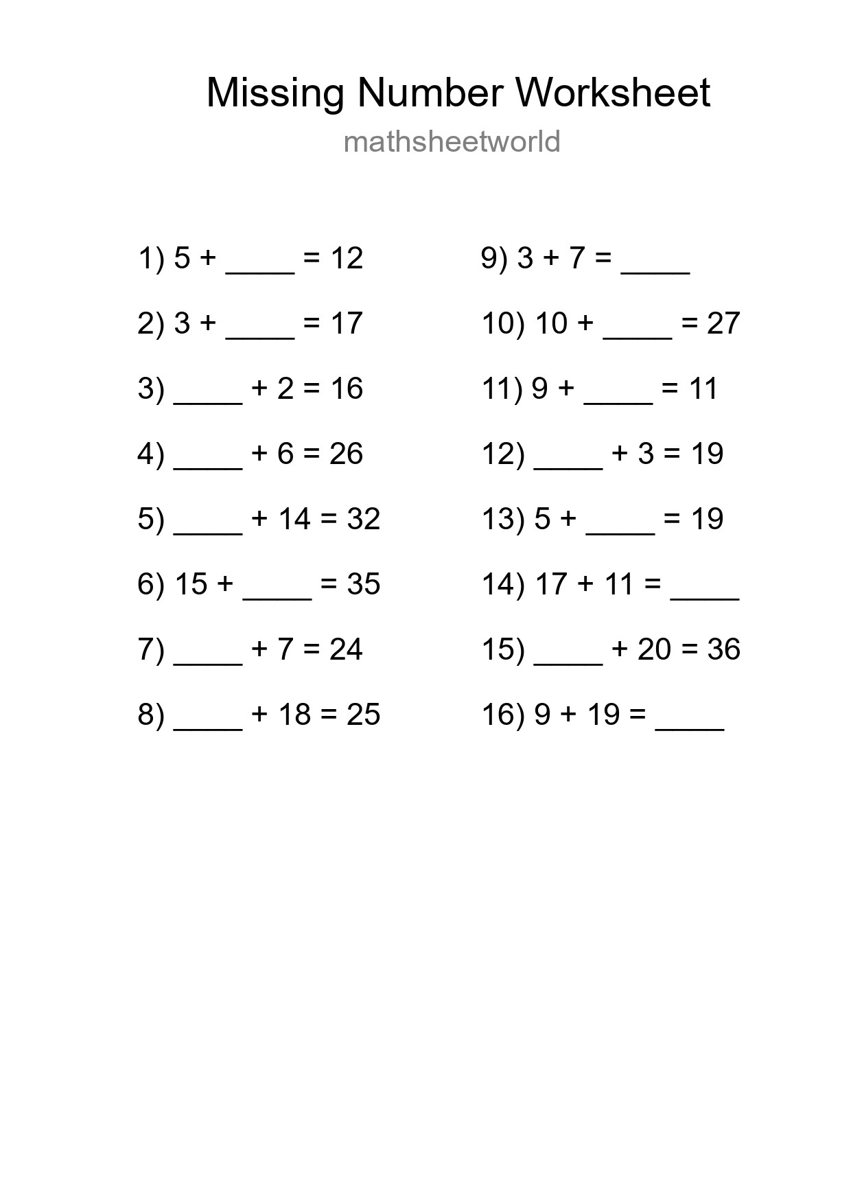 Missing Number Math Worksheet